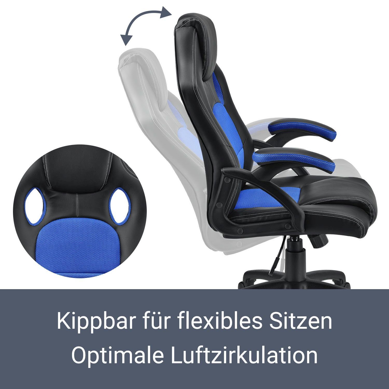 Schwarz, kippbar Juskys Sitzfläche Rückenlehne Sitzfläche, und Montreal, geformte Blau Gaming-Stuhl Ergonomisch