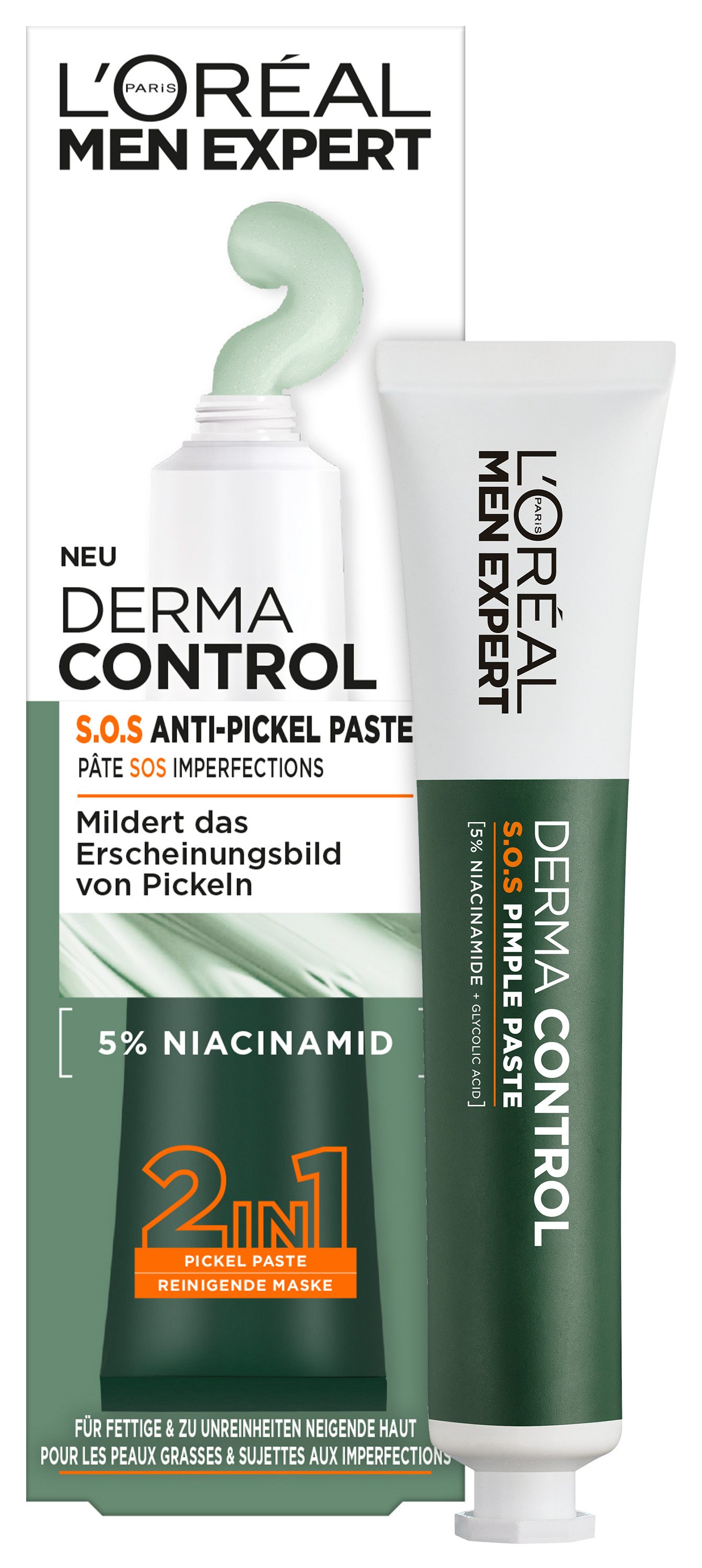 L'ORÉAL PARIS MEN EXPERT Hautcreme DERMA CONTROL S.O.S 2IN1 ANTI-PICKEL PASTE, Mit Niacinamid und Glykosäure, reduziert Pickelgröße und beugt vor.