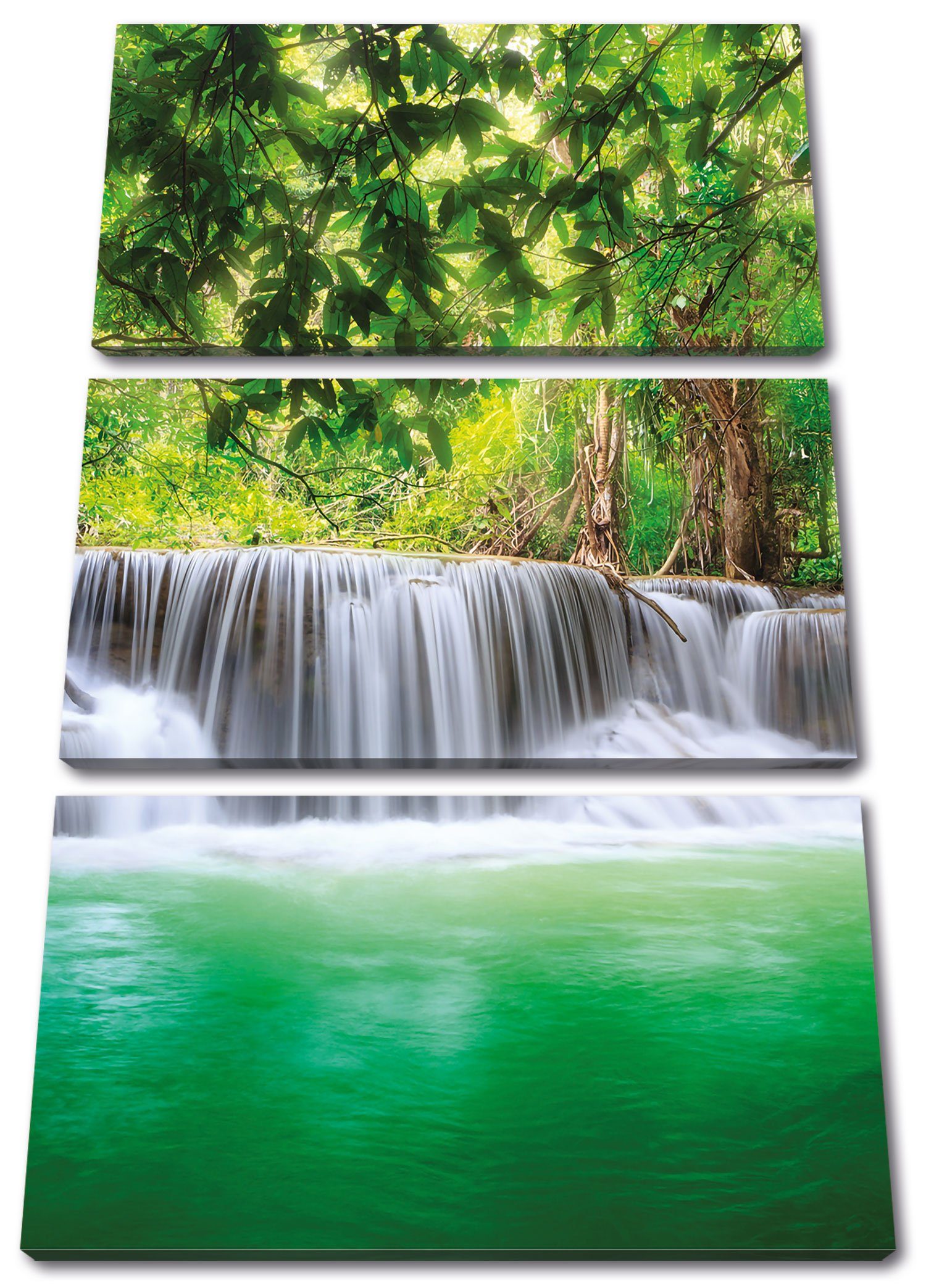 Pixxprint Leinwandbild Kleiner (120x80cm) Kleiner (1 bespannt, im inkl. St), Dschungel, Wasserfall Leinwandbild 3Teiler im Zackenaufhänger Wasserfall fertig Dschungel
