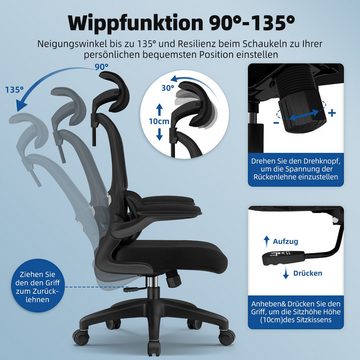 Homimaster Bürostuhl Bürostuhl, Schreibtischstuhl Ergonomisch mit Klappbaren Armlehnen, Höhenverstellbarer Drehstuhl mit Wippfunktion bis 135°