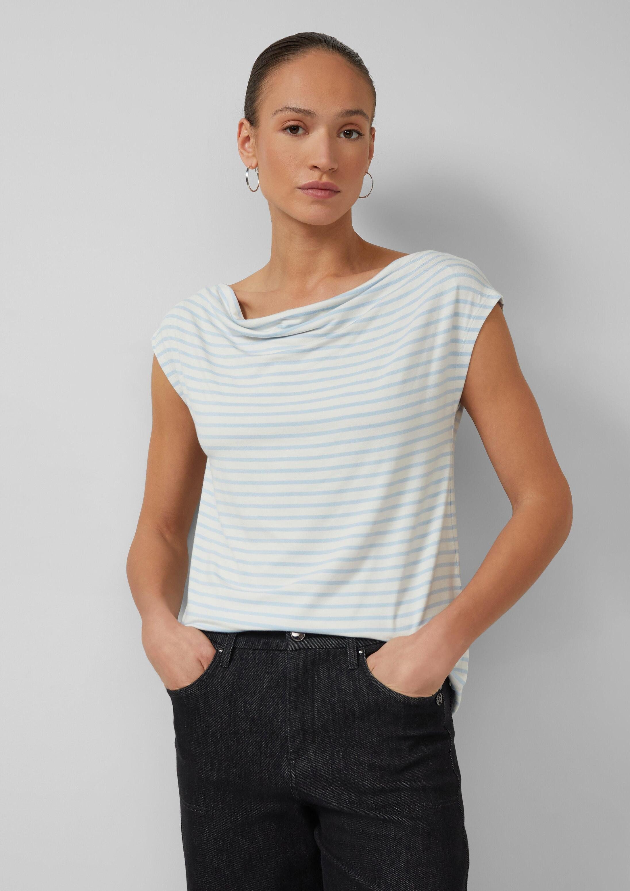 s.Oliver Kurzarmshirt T-Shirt Viskoseshirt mit Wasserfall-Ausschnitt und Streifen