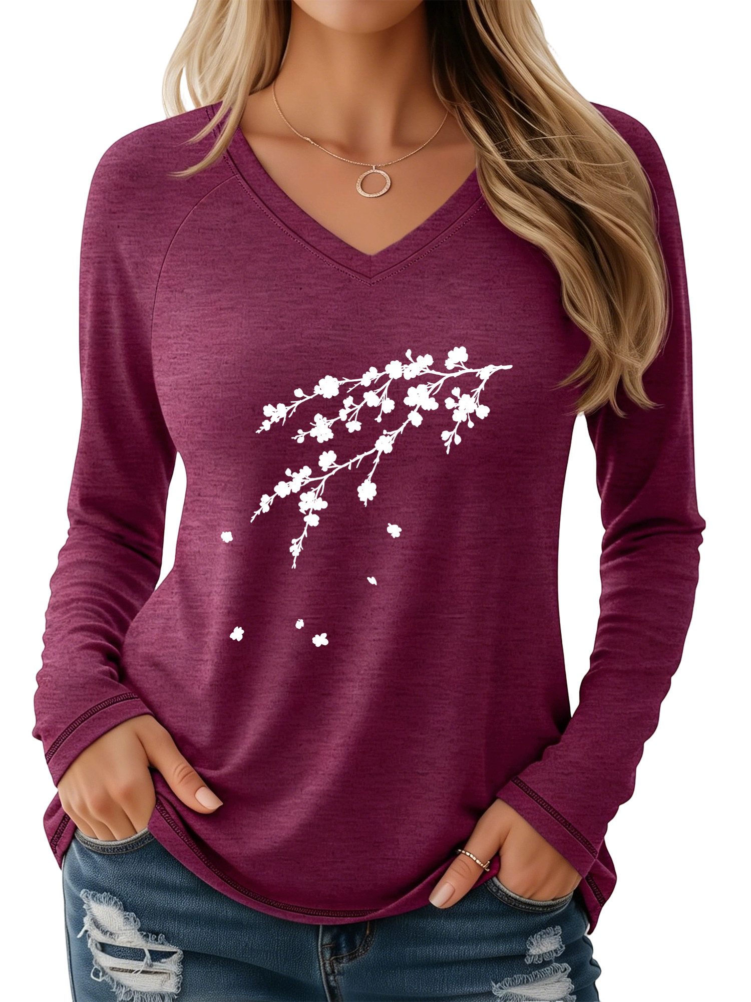 PYLIKE V-Shirt Bequemes Shirt Damen Langarm Basic-Shirt mit Pflaumenbusch Print Geeignet für den täglichen Gebrauch im Büro und zu Hause