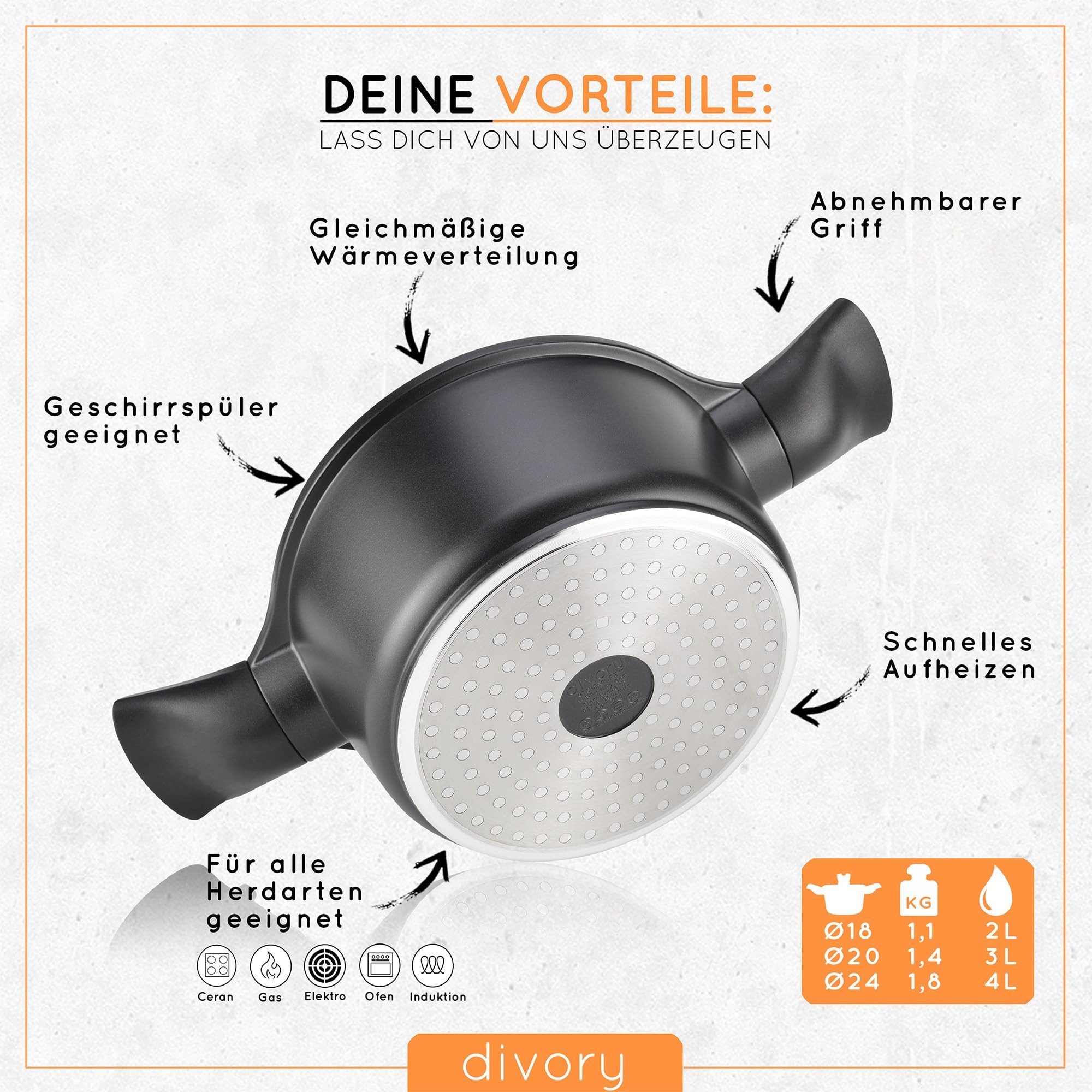 divory Kochtopf 20cm – 3L Topf groß mit Deckel, Gemüsetopf Induktion, Aluminium, Suppentopf mit abnehmbaren Griffen, Fleischtopf hoch Schwarz