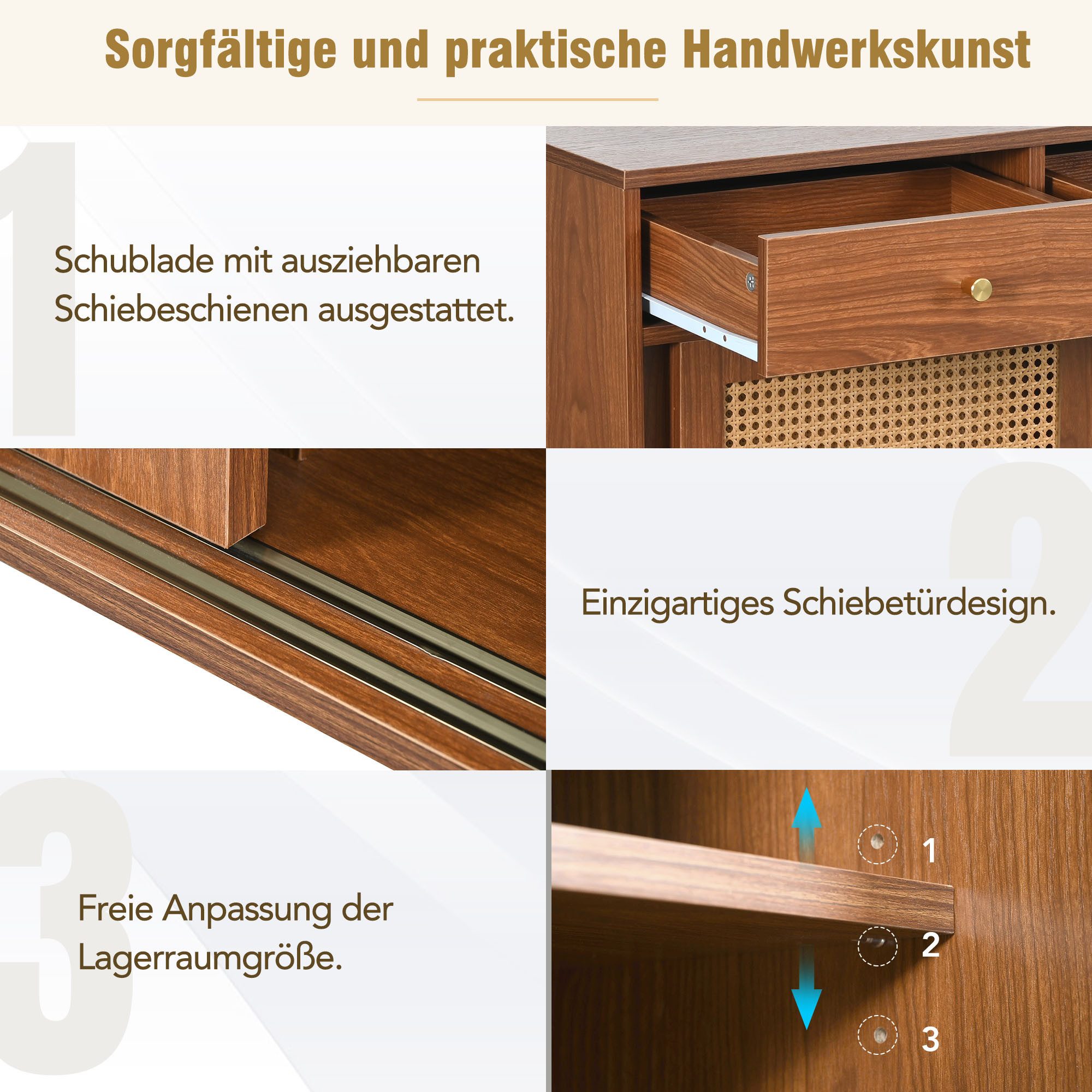i@home Sideboard mit 3 Schubladen und 3 Schiebetüren, Rattangeflecht auf den Türfronten, nussbaumfarben,120x 40x78cm
