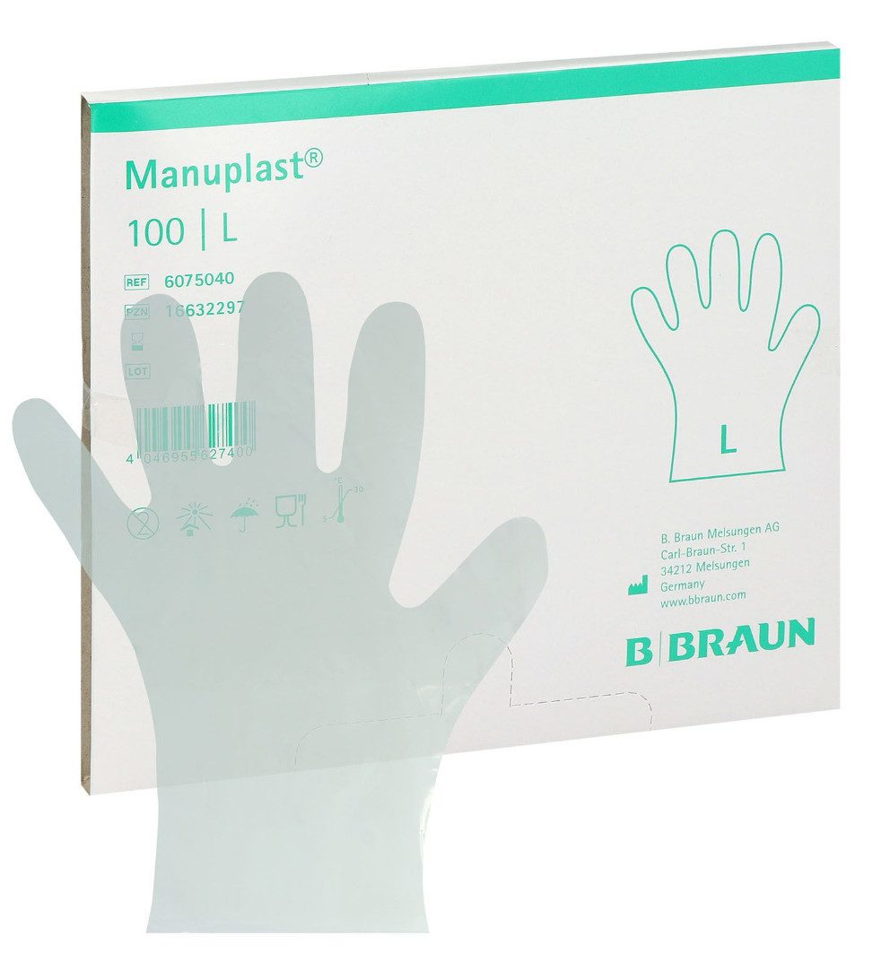 B. Braun Einweghandschuhe Manuplast PE Untersuchungshandschuhe Gr. S/L (Einmalhandschuhe, 100-St., Umweltfreundlich, Leicht und glatte Oberfläche) Latex-und Puderfrei – geeignet für Allergiker