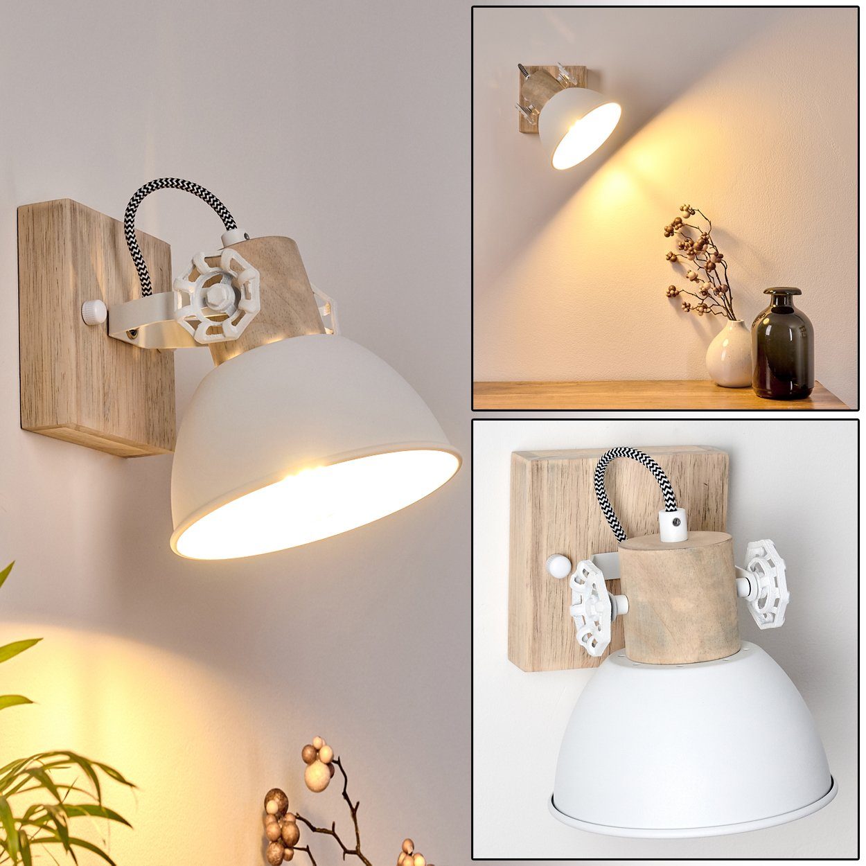 hofstein Wandleuchte »Cotes« verstellbare Wandlampe aus Metall/Holz in Weiß/Braun, ohne Leuchtmittel, 1xE27, Wandspot im Retro/Vintage Design