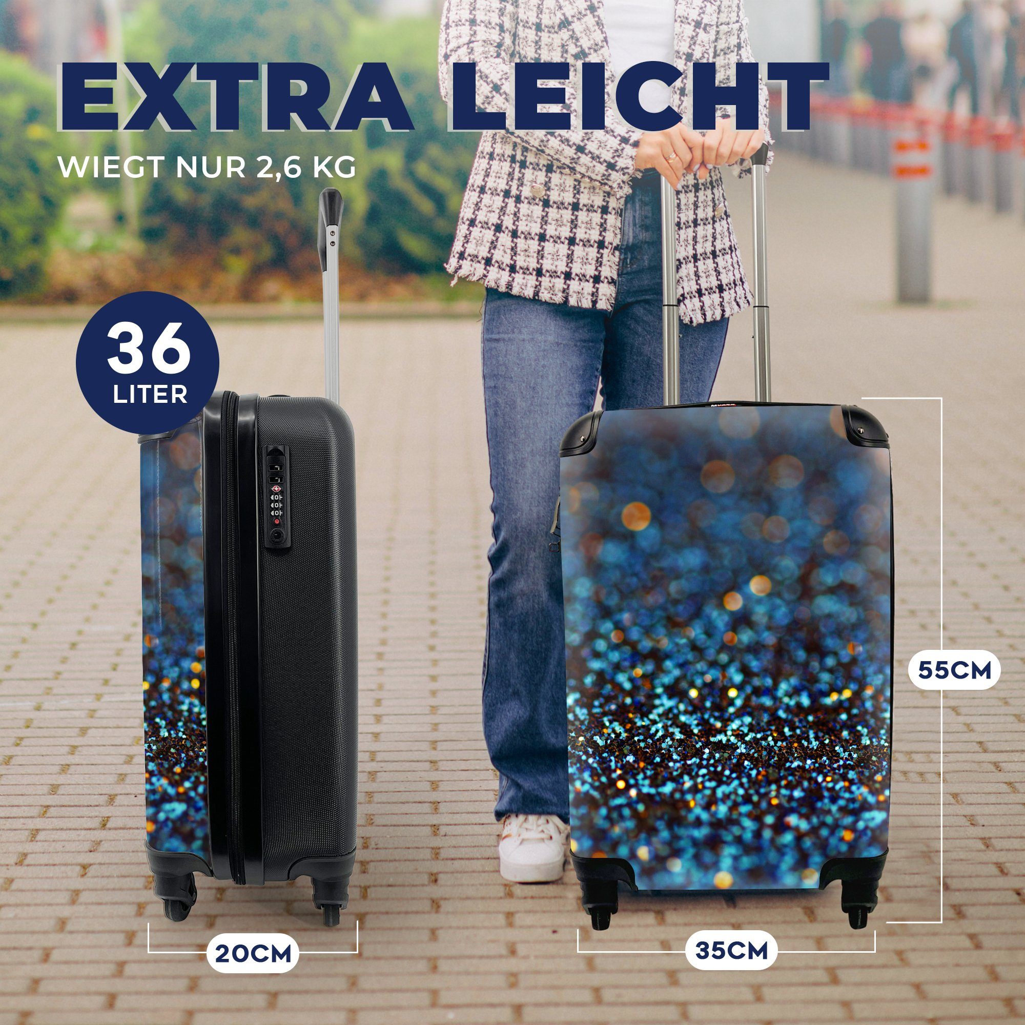 Handgepäckkoffer Reisetasche rollen, Reisekoffer mit für 4 Blau - - Glitter Rollen, Abstrakt Handgepäck Trolley, MuchoWow Design, Ferien, -