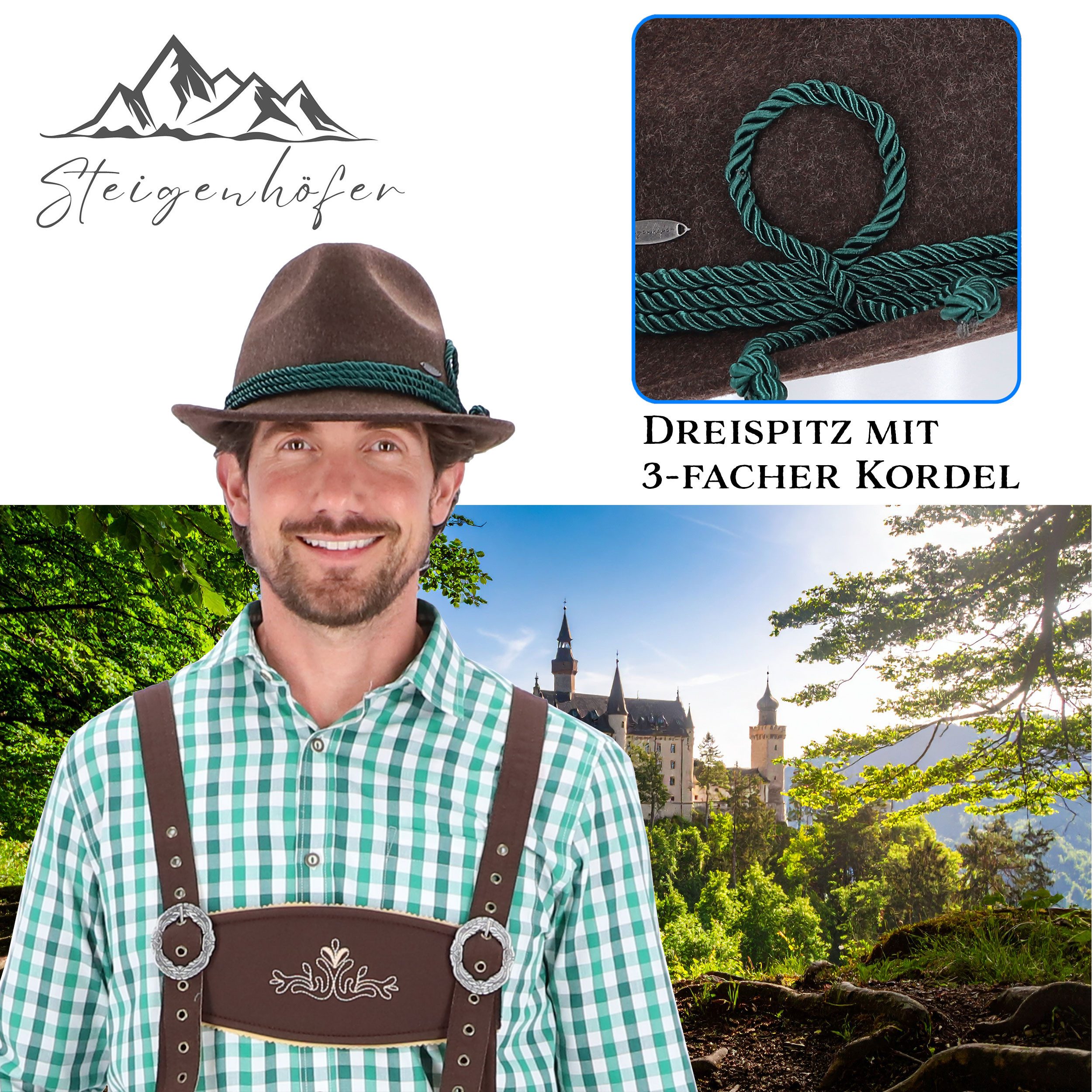 Steigenhöfer Manufaktur Trachtenhut Herren JAKOB - bayrischer Wanderhut Dreispitz aus 100% Schurwolle Größenverstellbar und integriertes Schweißband, Ideal fürs Oktoberfest