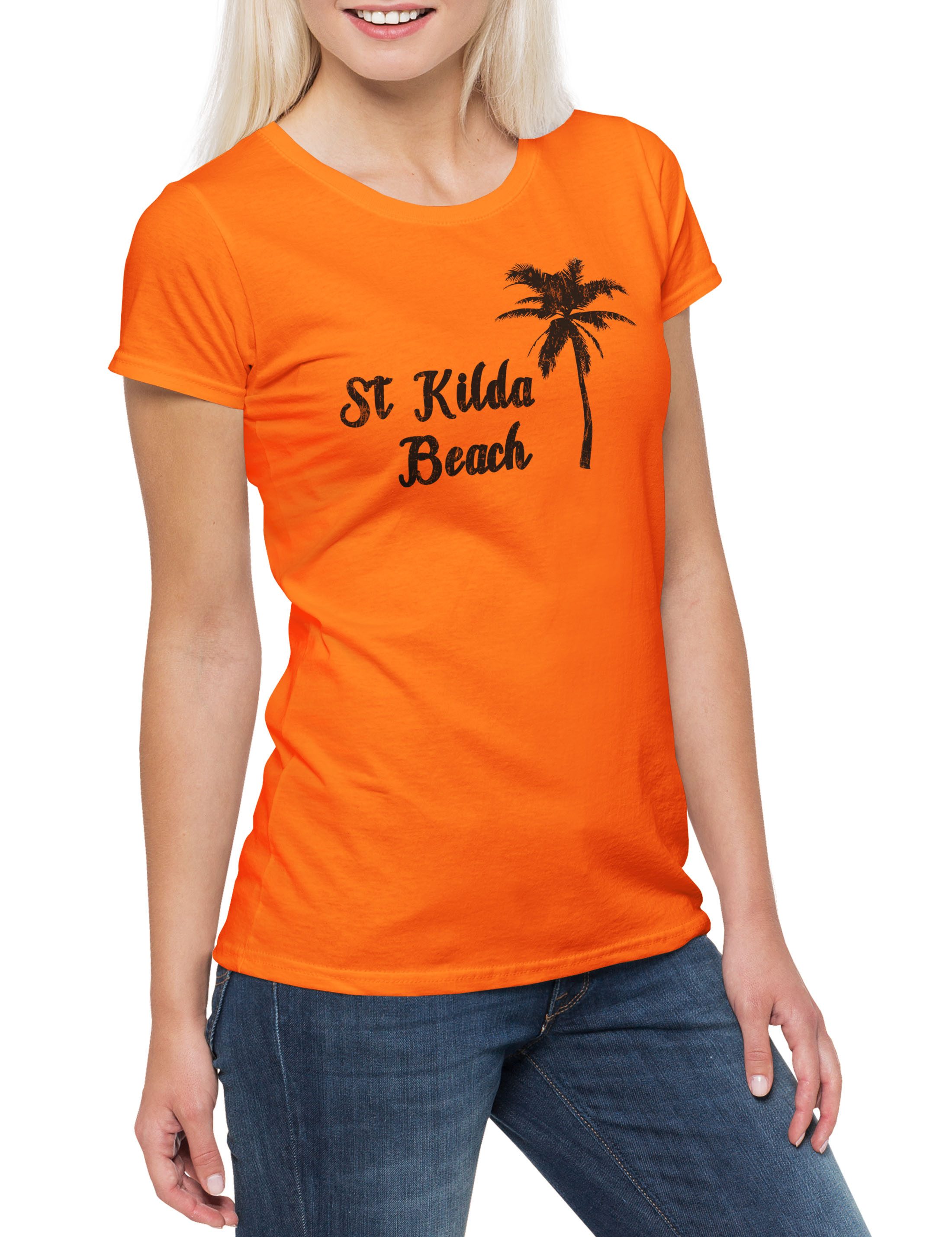 Urban Backwoods Print-Shirt St. Kilda Beach Damen T-Shirt Surfer Surfen Surfing Sea Meer Strand (1-tlg) Nick Tiki Cave Waves