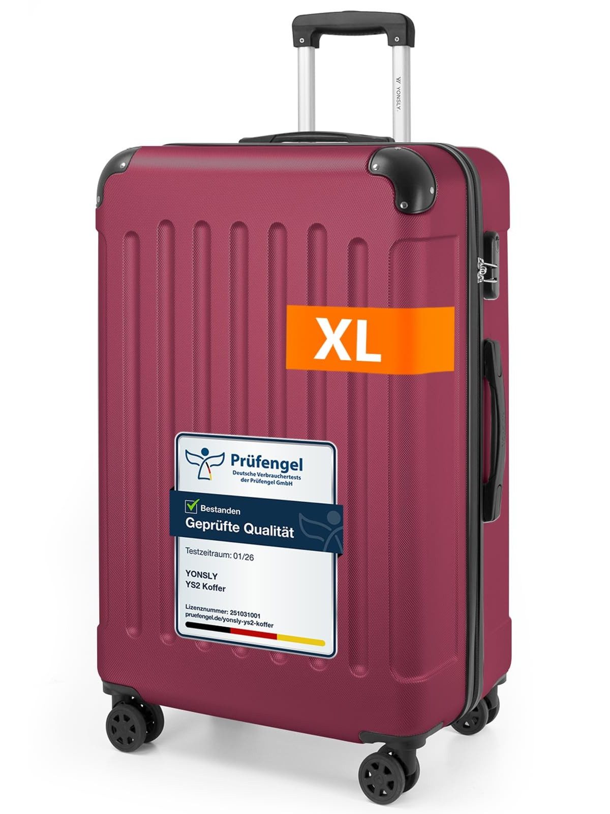 YONSLY Hartschalen-Trolley Hartschalen-Reisekoffer Trolley Rollkoffer in S/M/L/XL Größen, 4 Rollen, mit 360°-Lenkrollen, Zahlenschloss und mehrstufigem Teleskopgriff