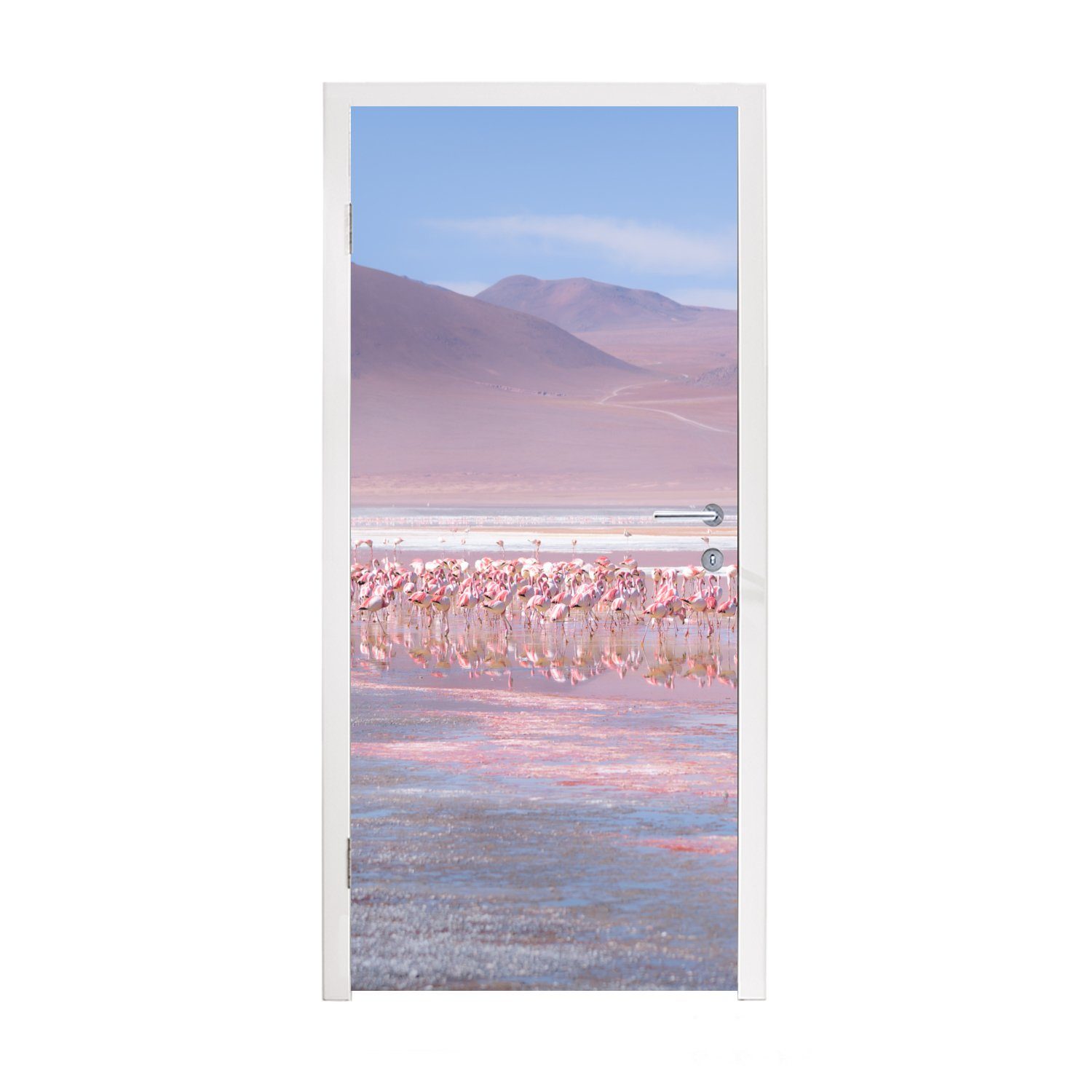 MuchoWow Türtapete Eine große Gruppe von Flamingos in einer rosa und blauen Landschaft, Matt, bedruckt, (1 St), Fototapete für Tür, Türaufkleber, 75x205 cm