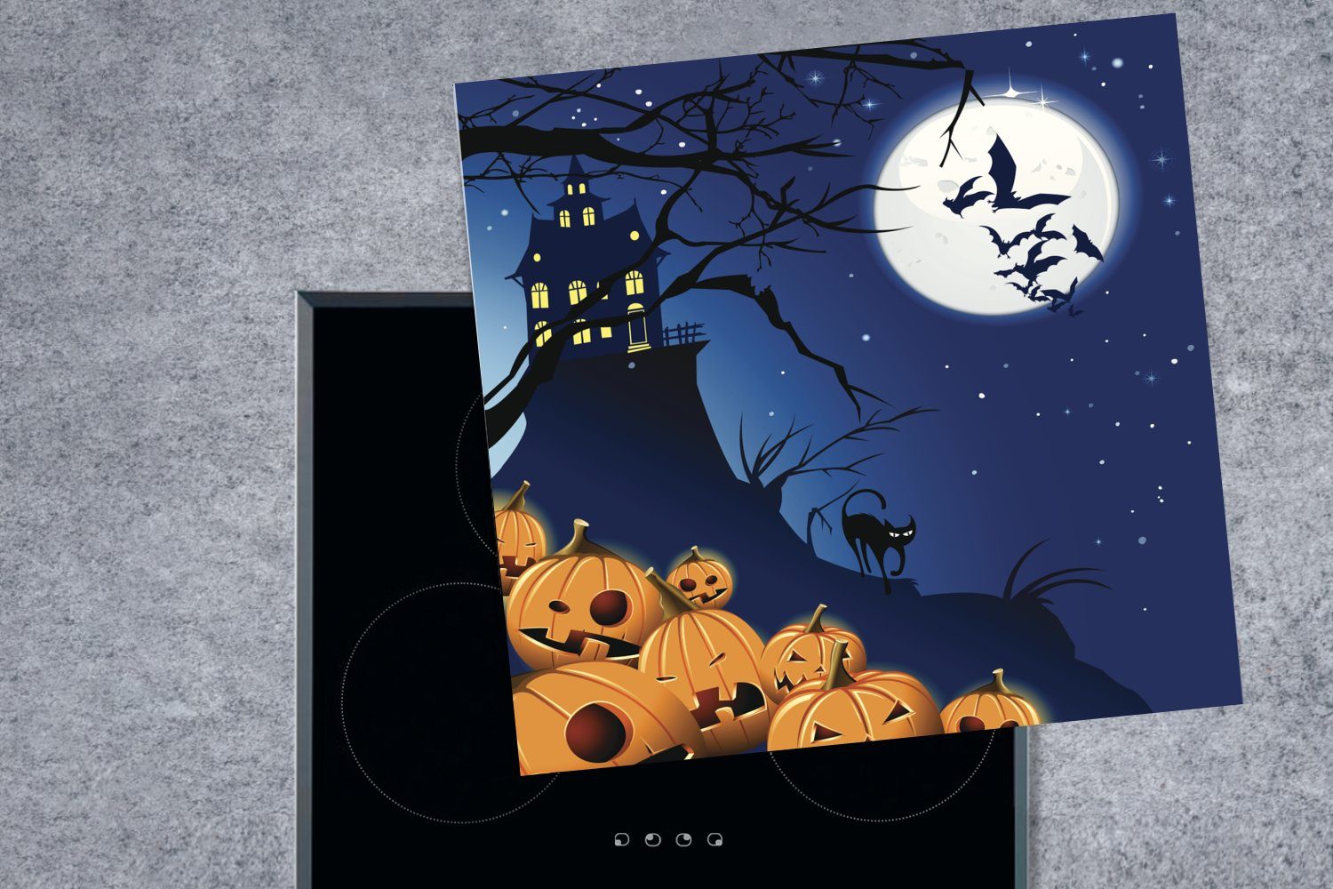 Vinyl, einer 78x78 MuchoWow Eine Ceranfeldabdeckung, Halloween-Nacht Herdblende-/Abdeckplatte cm, in Illustration, (1 küche für Arbeitsplatte tlg),