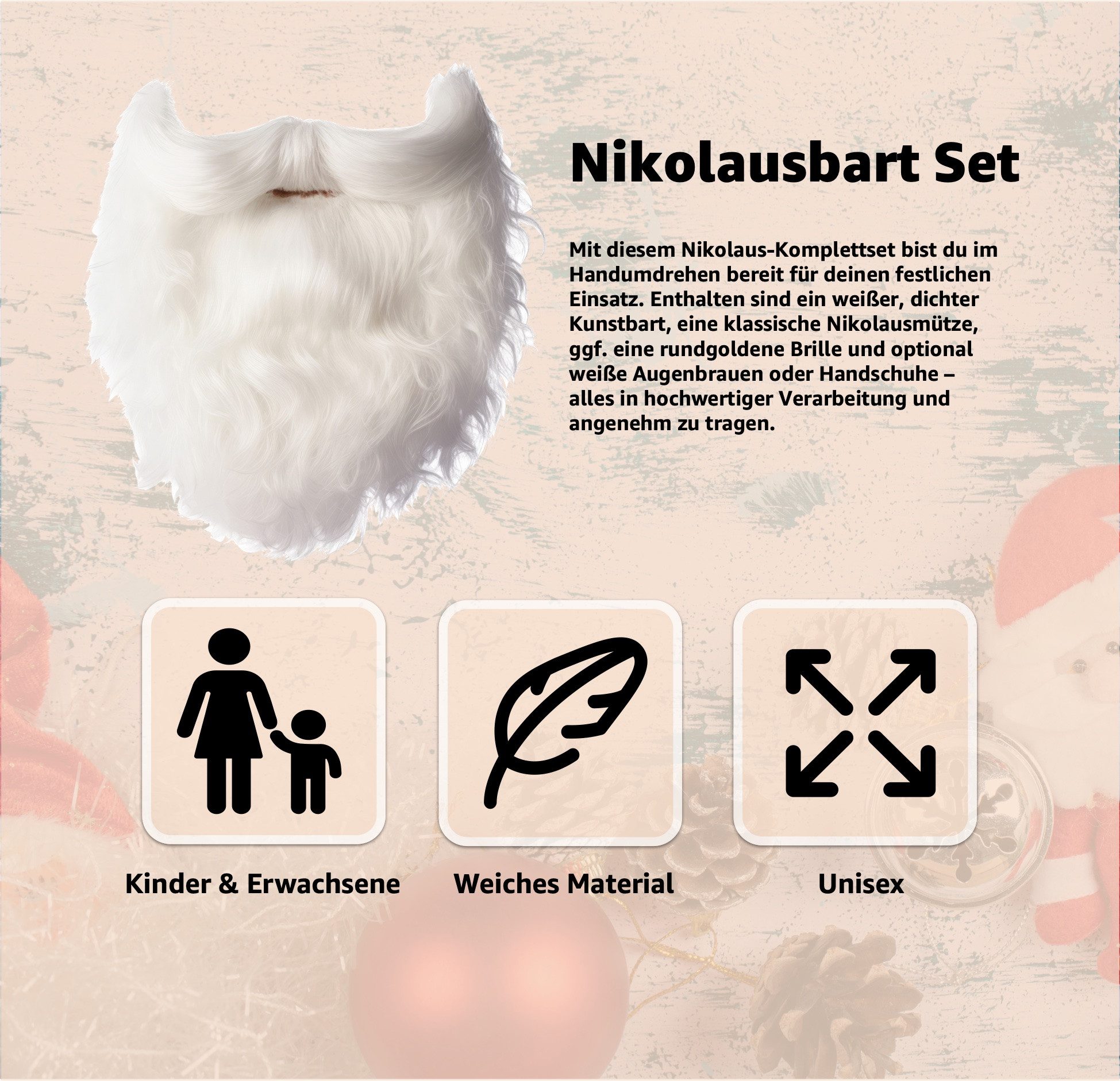 happymas Kostüm-Perücke 6x Nikolausbart - Weihnachtsmannbart - als Santa Claus Nikolauskostüm, Komfortable Passform