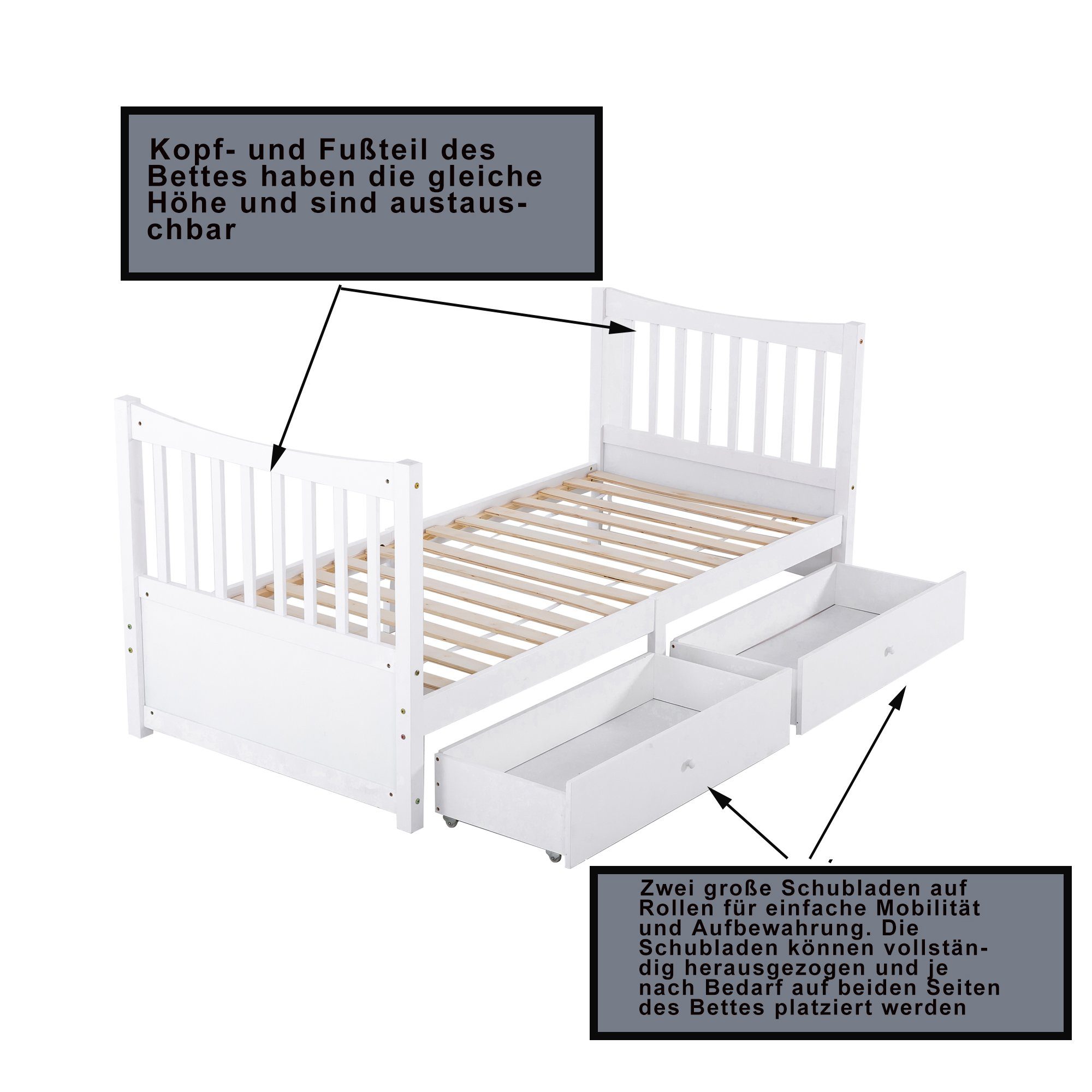 WISHDOR Einzelbett ohne 90x200, Bettgestell Kinderbett Tagesbett Holzbett 2 Bett (nur Matratze), Werkzeuge mit Schubladen, Gästebett Massivholzbett mit Kinder