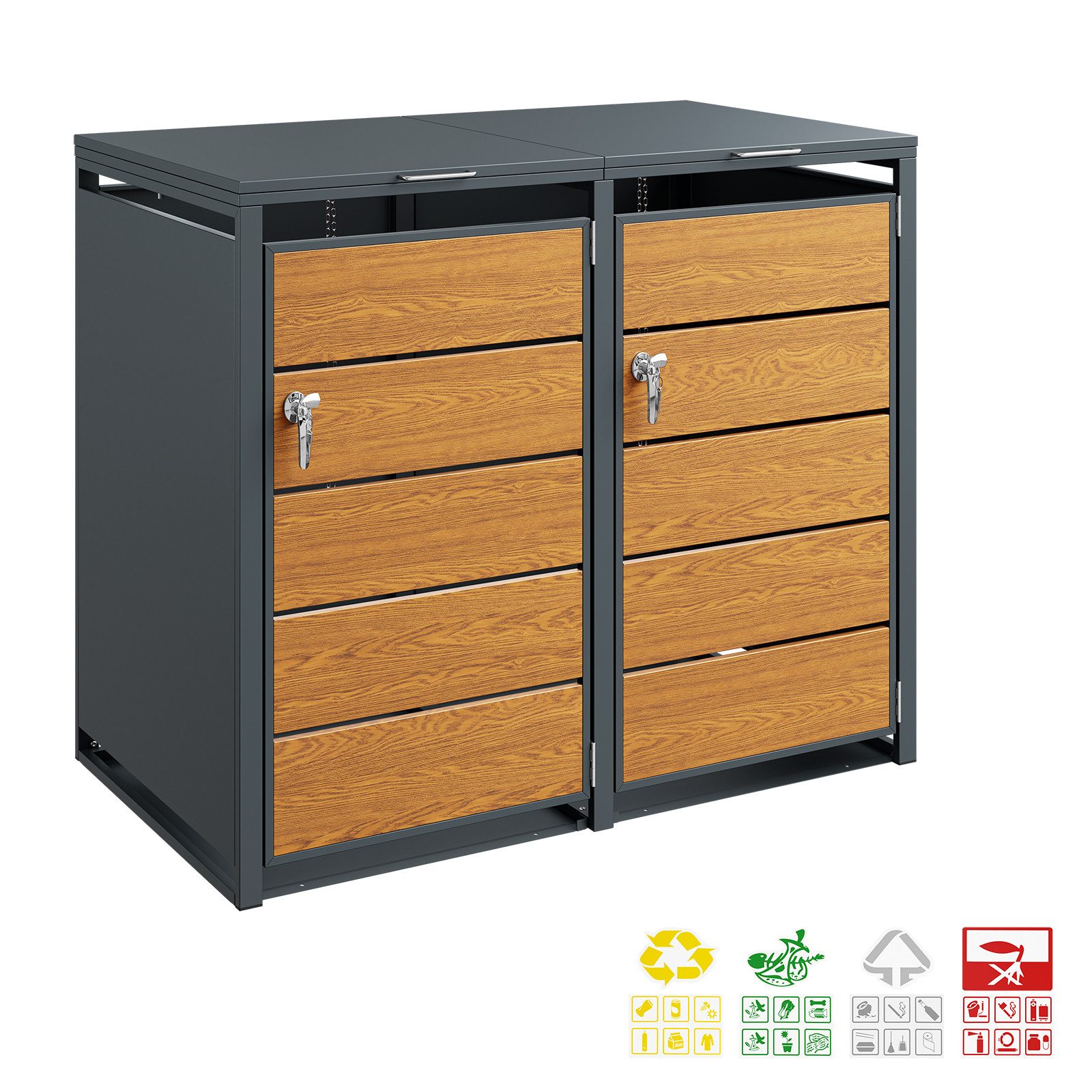 SoBuy Mülltonnenbox OGS64, Mülltonnenverkleidung, Mülltonnenbox für 2, 2er 480L, Stahl (2er Set), Mülltonnenverkleidung aus Metall und Holzoptik, fahrbar mit Rollen