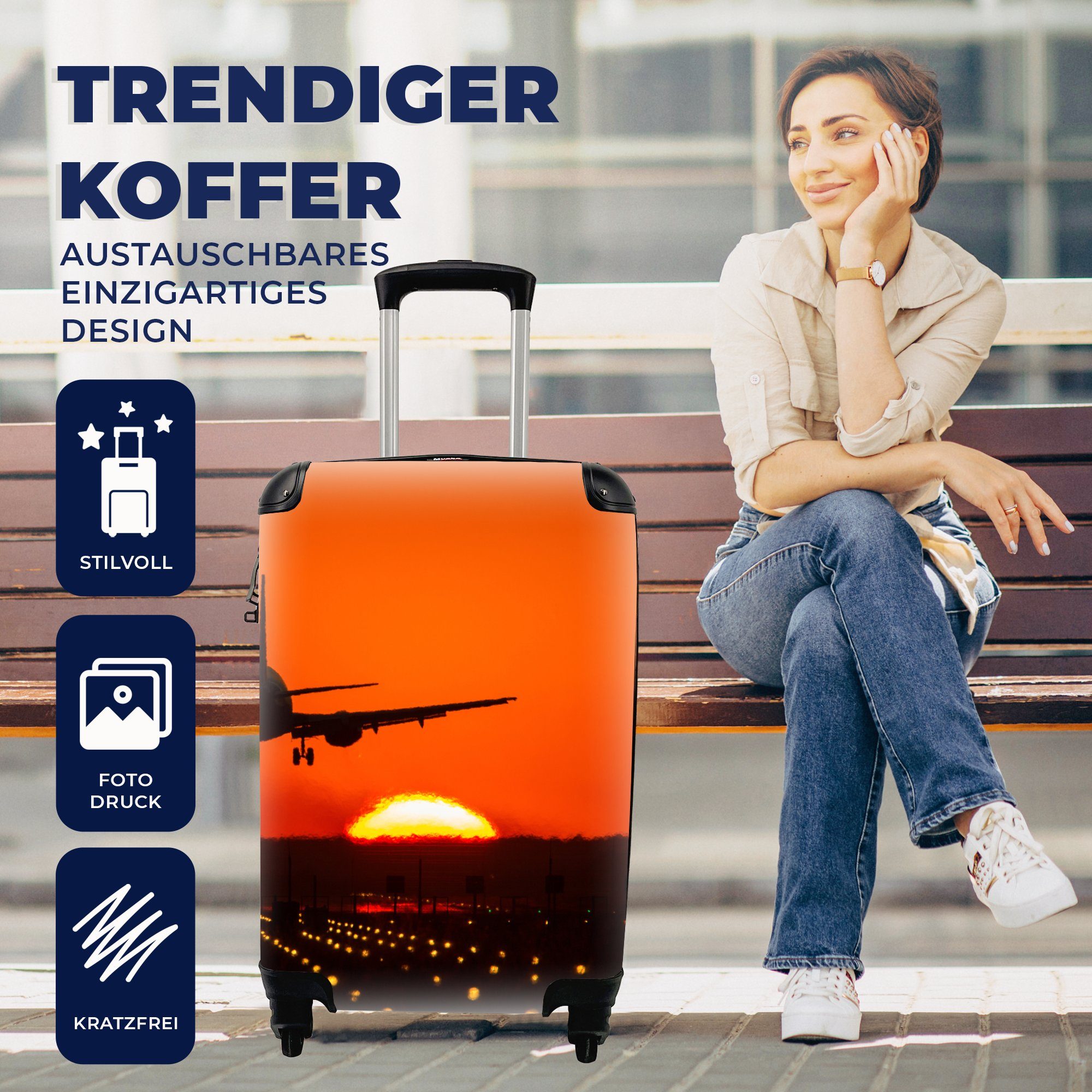 Reisetasche mit Sonnenuntergang - - 4 Orange MuchoWow Ferien, Trolley, - Handgepäck Handgepäckkoffer für Flugzeug Reisekoffer rollen, Rollen, Sonne,