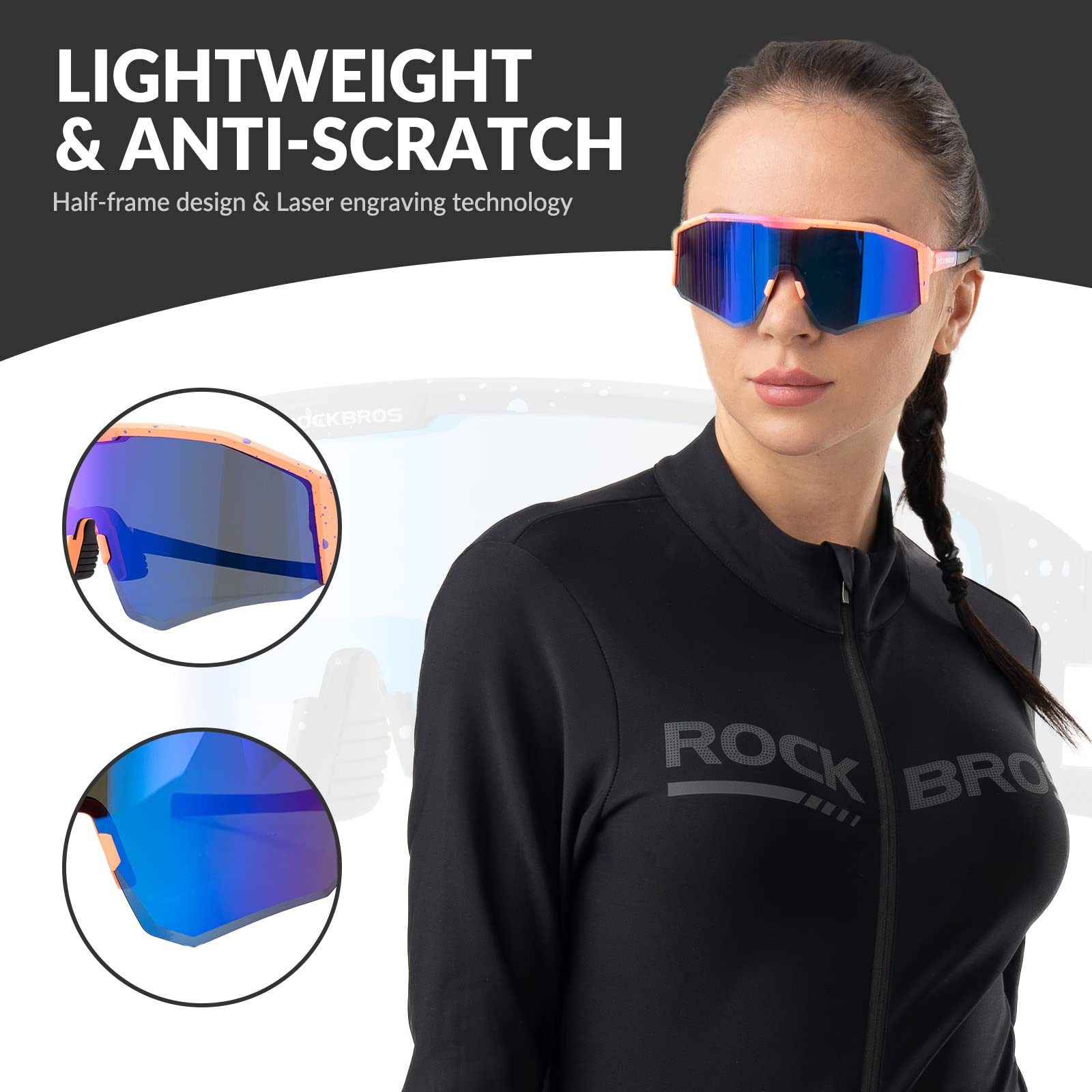 ROCKBROS Fahrradbrille Polarisierte Fahrradbrillen Damen Herren, (TAC-Gläser + TR90-Rahmen), Verstellbarer-Bügel-Design für Radfahren Laufen Angeln