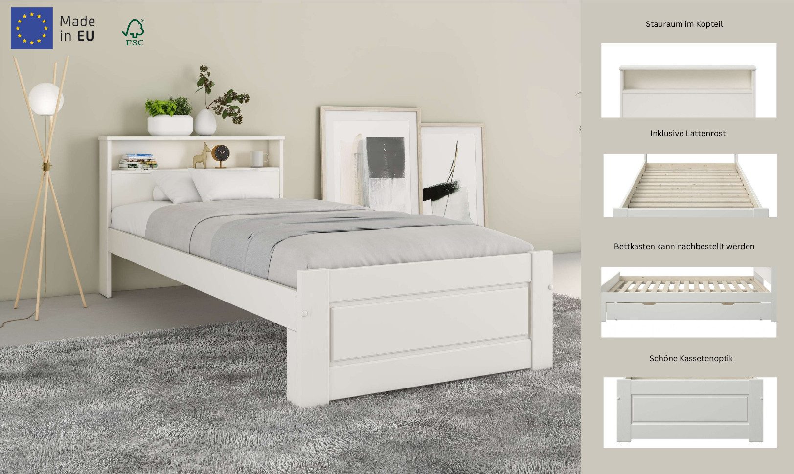 OTTO home Massivholzbett FLAVION, TOPSELLER! Jugendbett, FSC® zertifizierte massive Kiefer (Breite: 90, 140, 180), Qualitätsprodukt, Regal, Kassettenoptik, Schublade optional