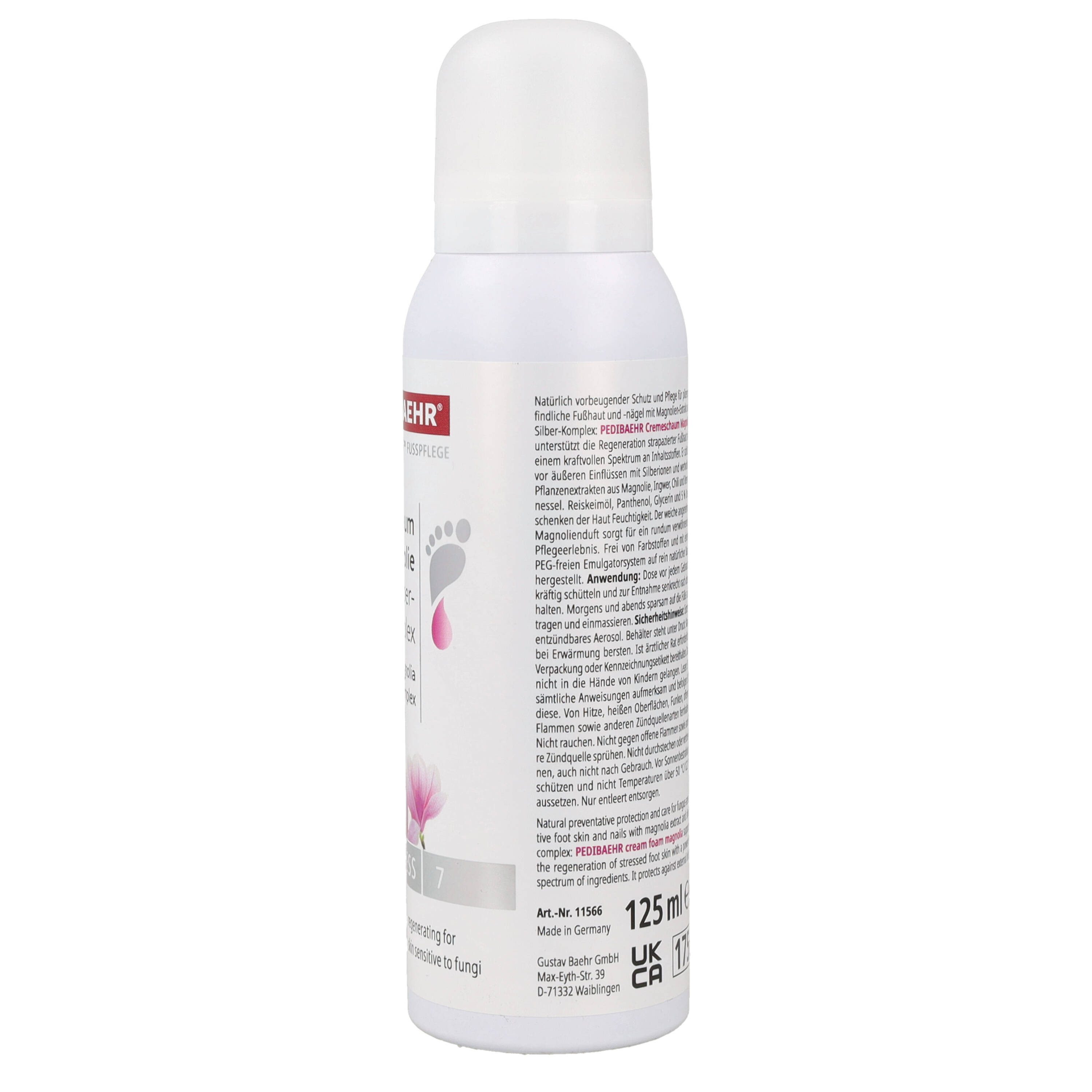 Pedibaehr Fußschaum Pedibaehr Cremeschaum Magnolie 125ml für pilzempfindliche Fußhaut & -nägel, 1-tlg., mit Reiskeimöl, Panthenol, Glycerin und 5 % Urea