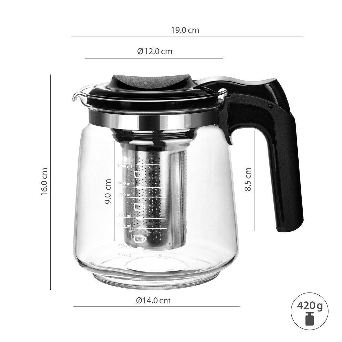 T24 Teekanne Glasteekanne mit Siebaufsatz Hitzebeständig Teesieb, 1,5 l, Edelstahlsieb & Ergonomischer Griff & Hitzeschutz – Bild 2 von 5