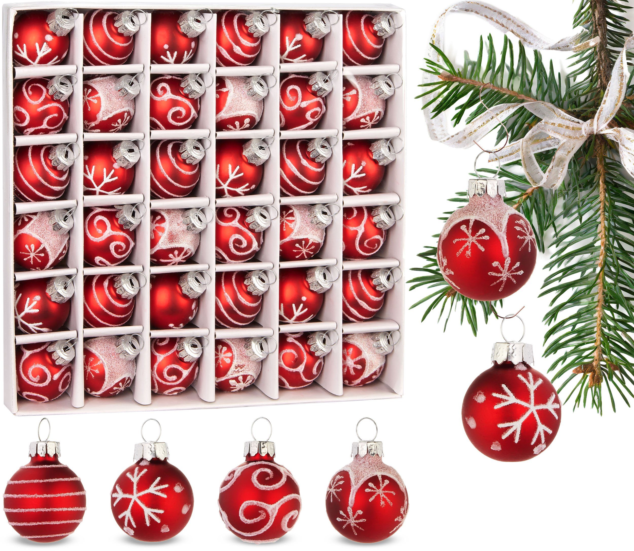BRUBAKER Weihnachtsbaumkugel Weihnachtskugeln mit 3 cm Baumkugeln - Handbemalter Christbaumschmuck (36 St), Mini Kugeln für Weihnachtsbaum und Weihnachtsdekorationen aus Glas Rot