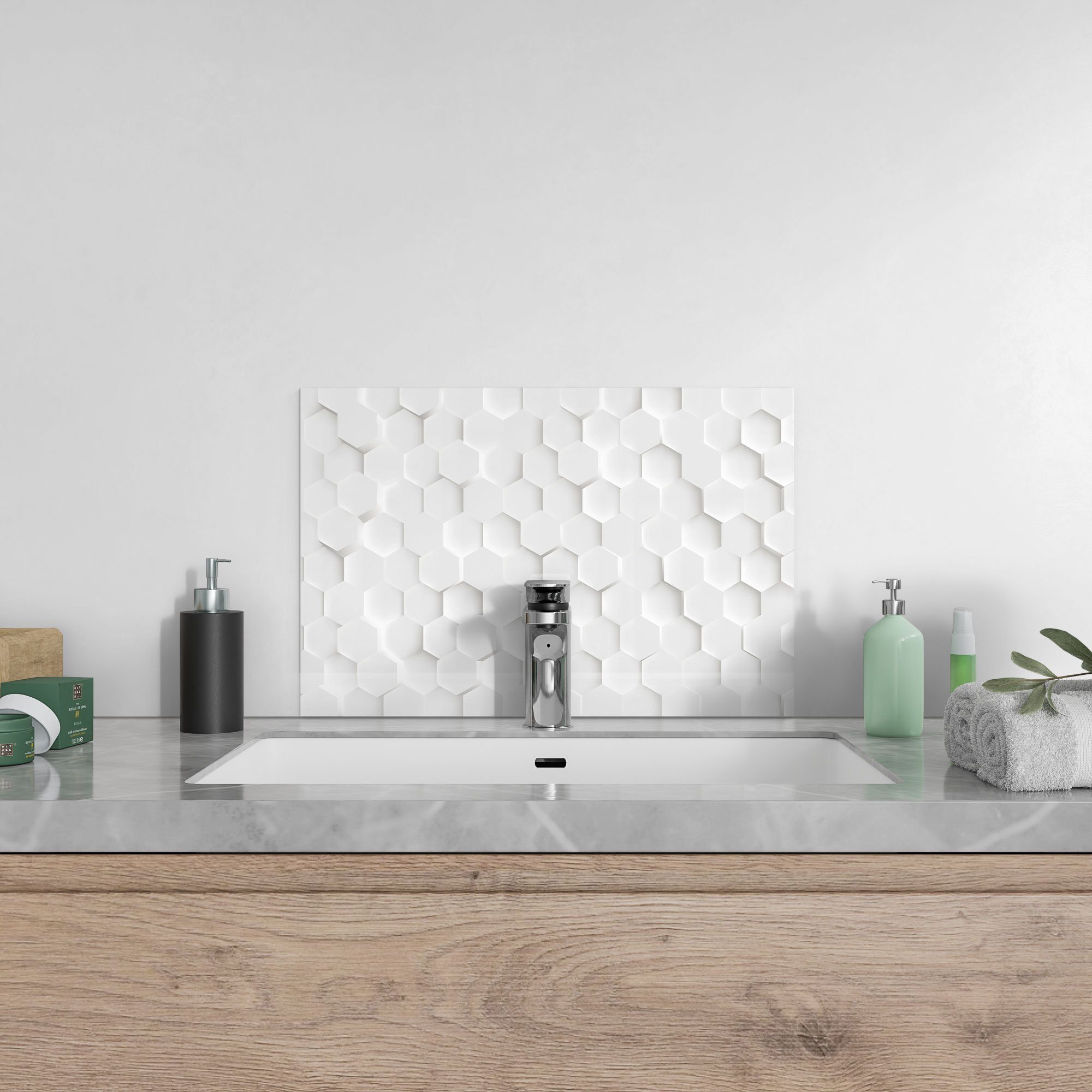 DEQORI Küchenrückwand 'Weiße Badrückwand Spritzschutz Glas Herdblende 3D-Waben'