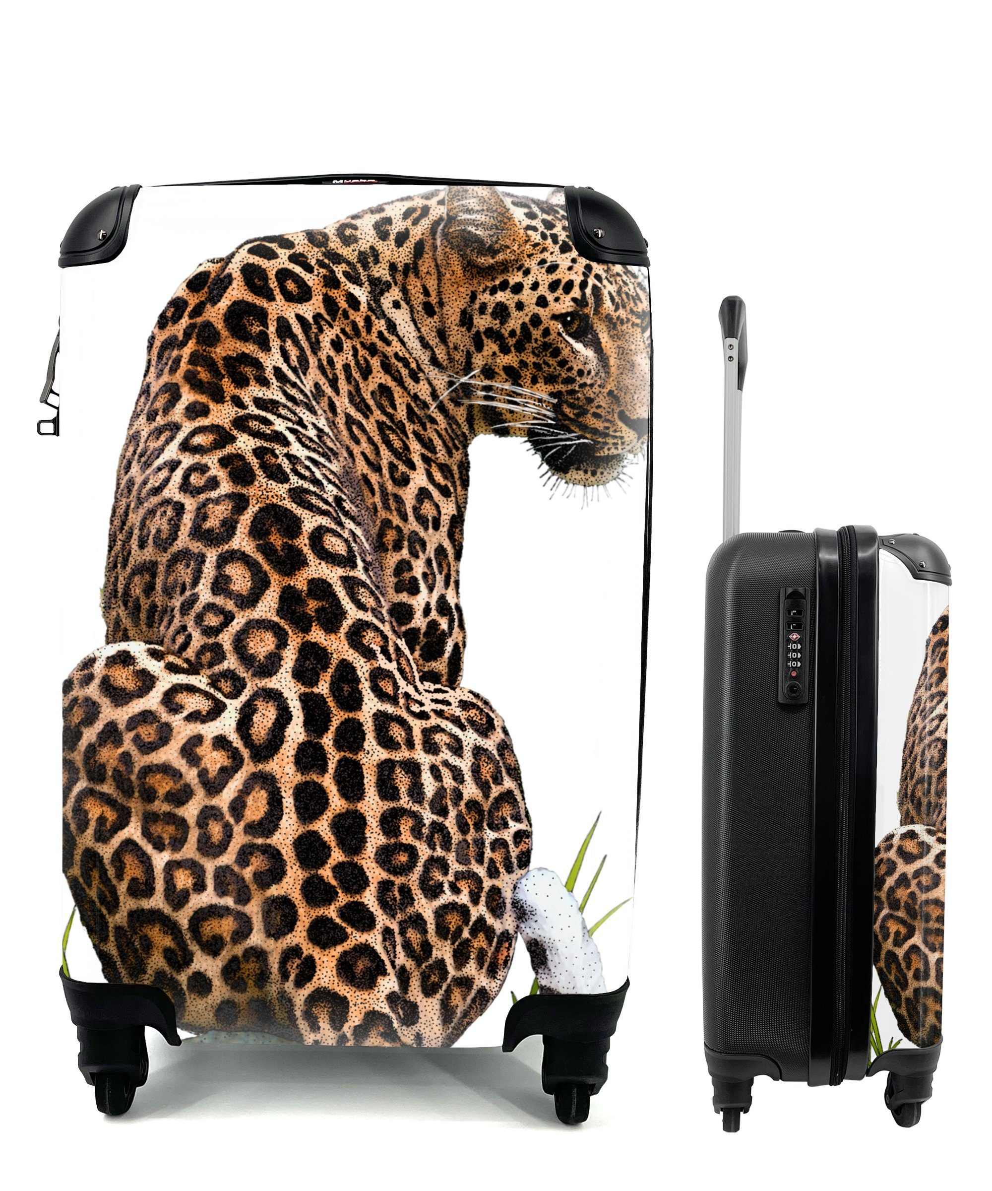 MuchoWow Handgepäckkoffer Eine Illustration eines sitzenden Leoparden, 4 Rollen, Reisetasche mit rollen, Handgepäck für Ferien, Trolley, Reisekoffer