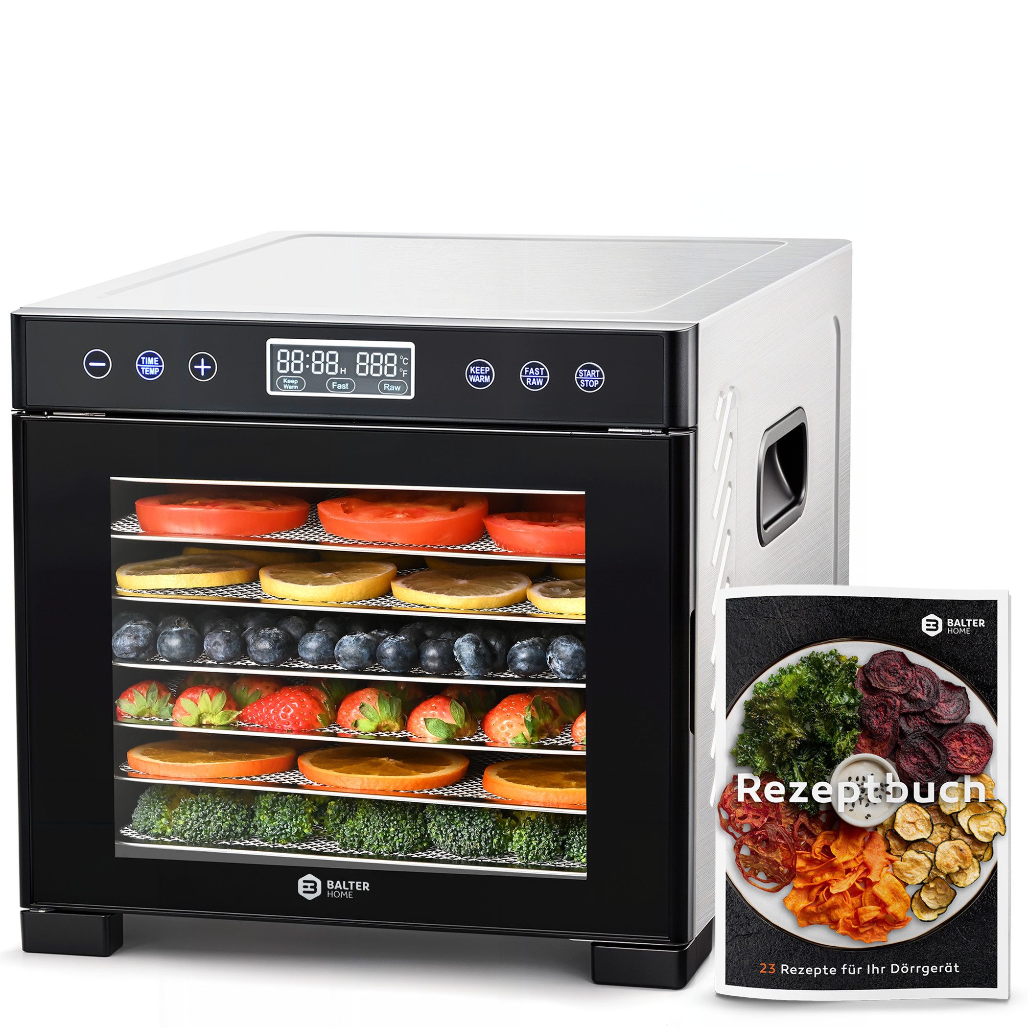 Balter Dörrautomat Edelstahl, Dörrgerät mit 7 Einlegefächern, 600 W, BPA-frei, Dehydrator 600 W, 7 Etagen