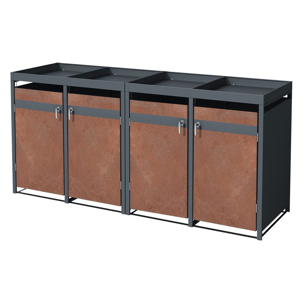 ML-DESIGN Mülltonnenbox Müllbox aus Stahl wetterfeste Mülltonnen Verkleidung Mülltonnengarage, für 4 Tonne 240L 268x80x124cm Anthrazit, Rot-Braun mit Pflanzdach