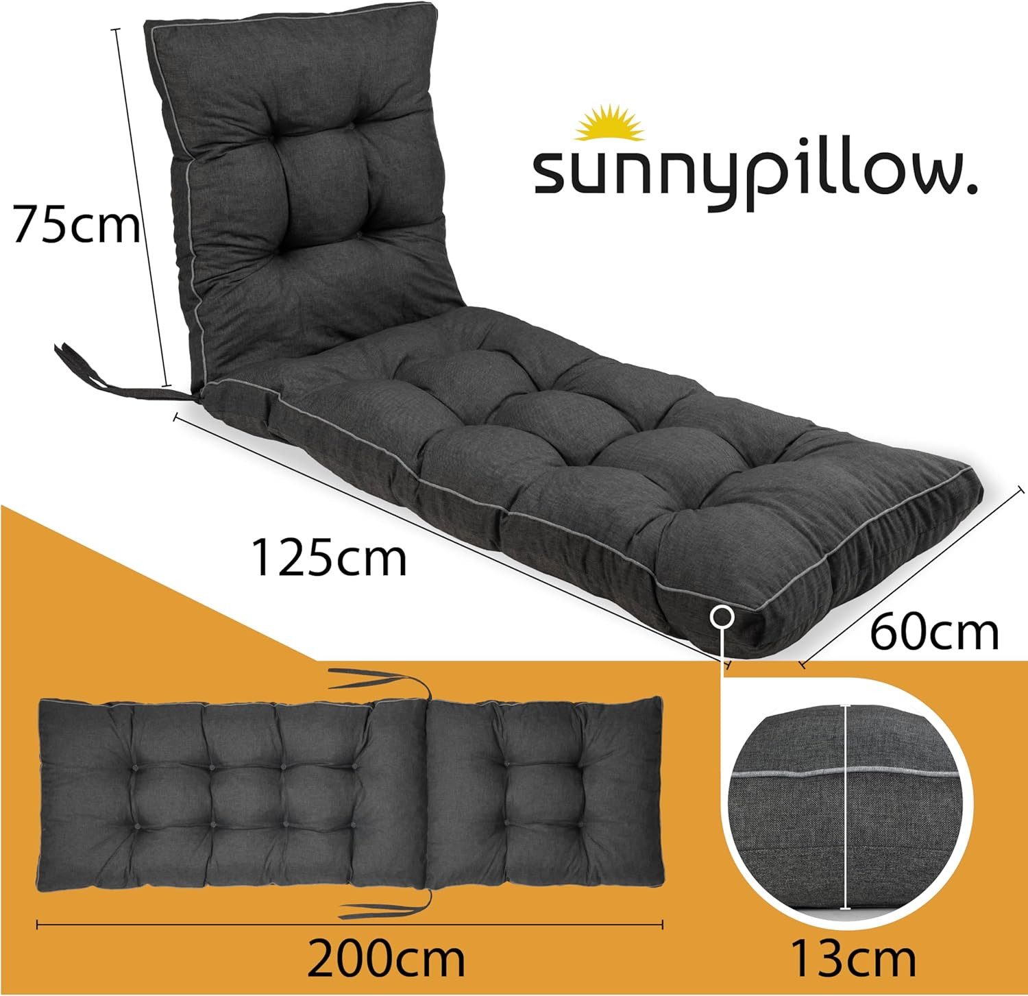 sunnypillow Liegenauflage 200 x 60 - Auflage für Gartenliege extra dick 13cm, Anthrazit
