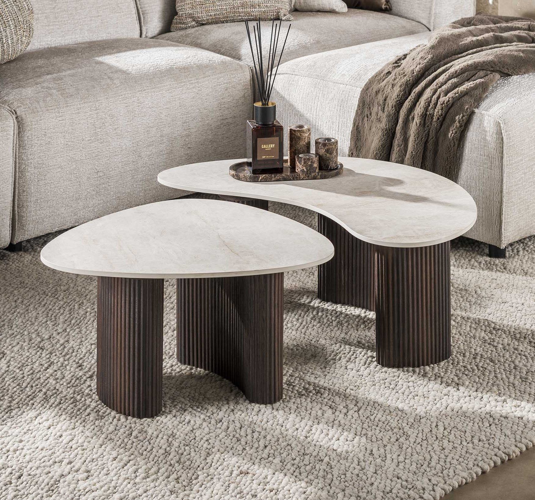 Maison ESTO Couchtisch Wohnzimmertisch LIVARO 2er Set organisch Keramik Taj Mahal braun, hochwertige 3D-Keramik in Taj-Mahal-Steinoptik