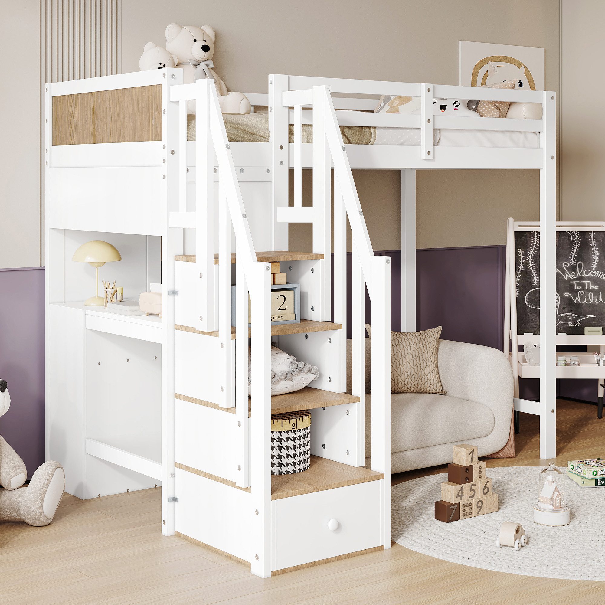 MODFU Etagenbett Kinderbett mit 4-Stufen-Leiterschrank (mit Schreibtisch, 3 Schubladen, integrierter Stauraumtreppe, 90 x 200 cm), ohne Matratze