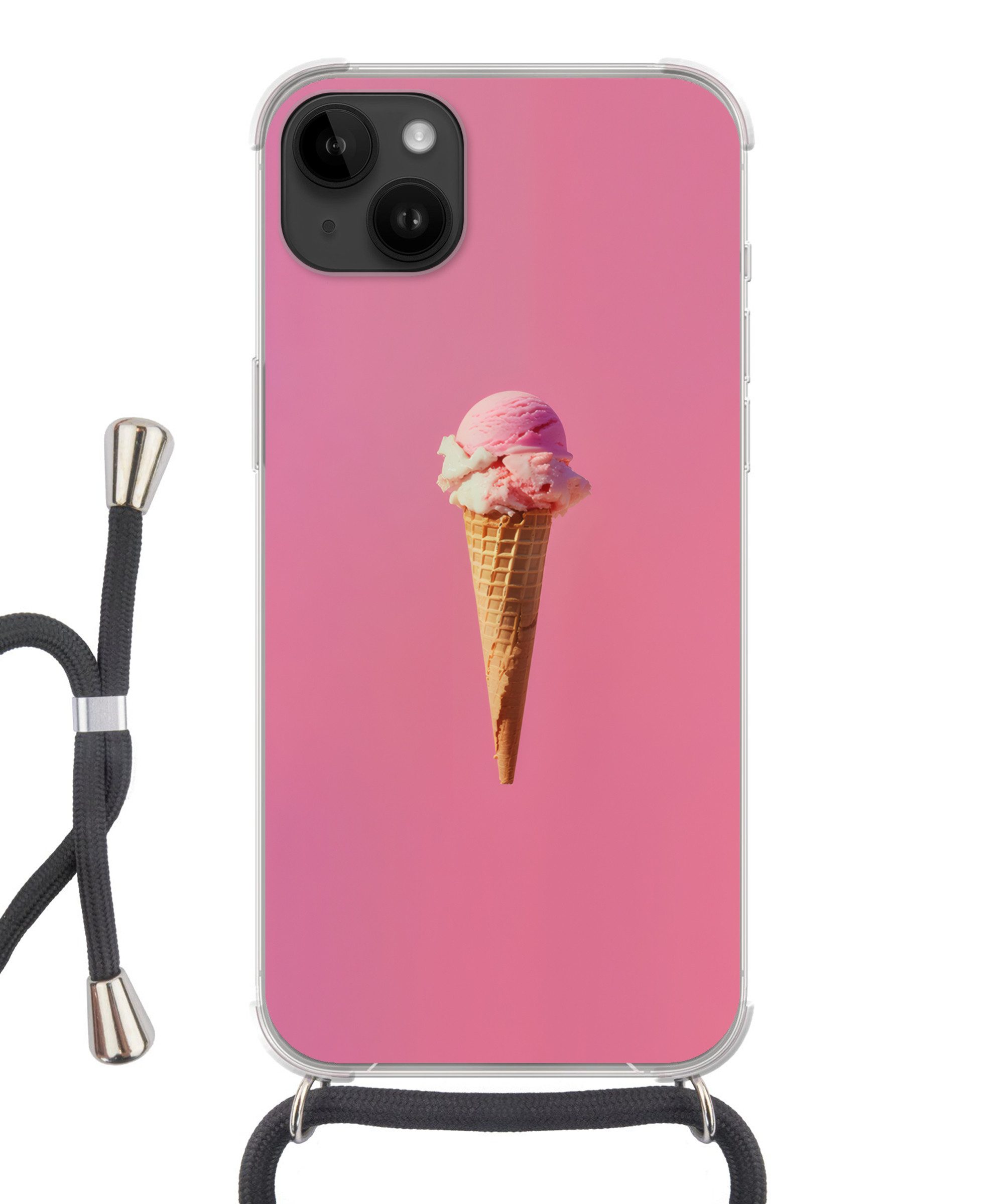 MuchoWow Handyhülle für Apple iPhone 14 Max Horn - Schaufel Eiscreme - Rosa, Tragbare Handyhüllen mit Kette zum umhängen, Handykette Handyband