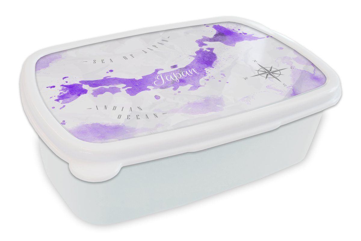 MuchoWow Lunchbox Weltkarten - Japan - Violett, Kunststoff, (2-tlg), Brotbox für Kinder und Erwachsene, Brotdose, für Jungs und Mädchen weiß