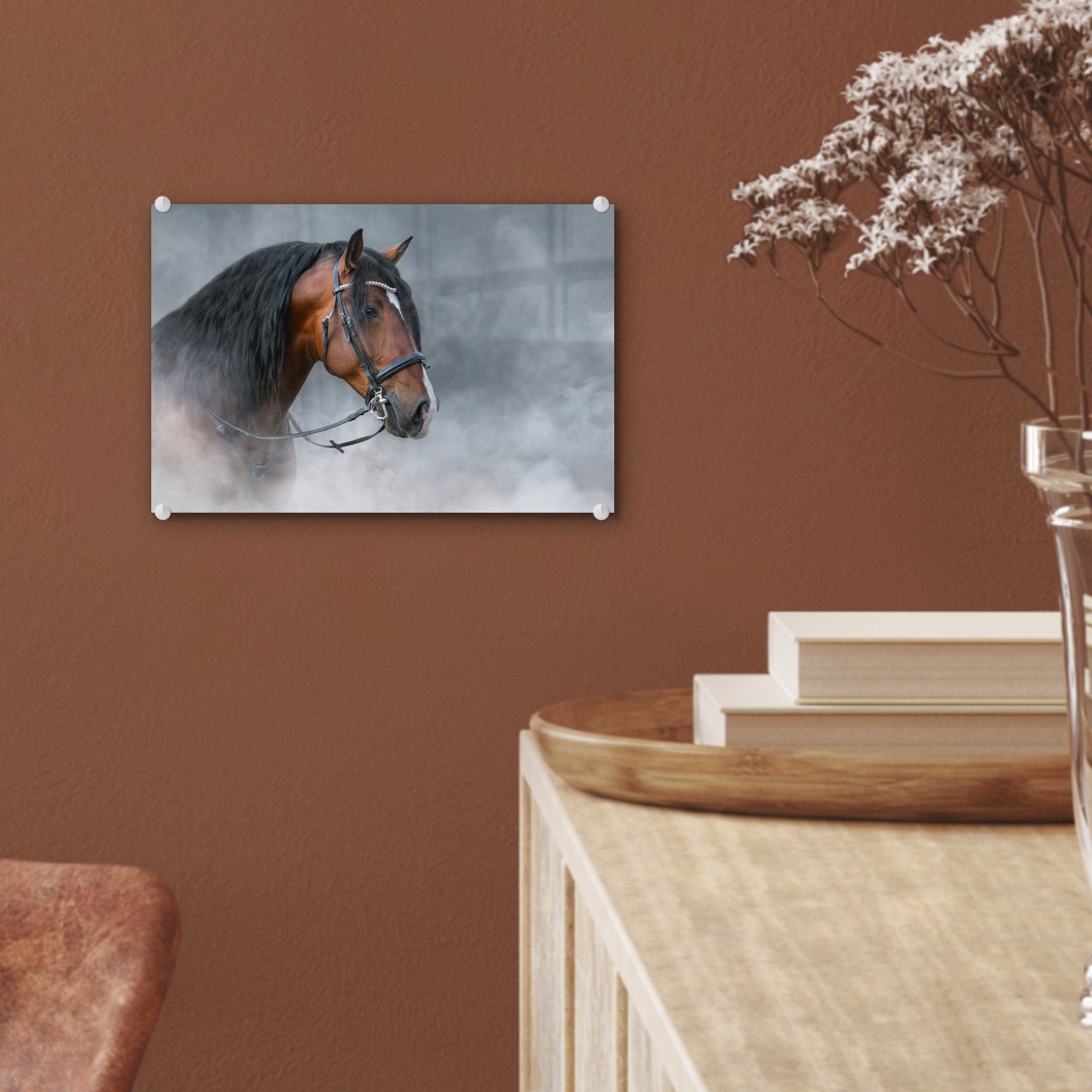 - Schwarz, - auf Wandbild Smoke auf Foto Glasbilder Pferd Glas (1 - - Bilder MuchoWow Acrylglasbild St), Glas Wanddekoration -