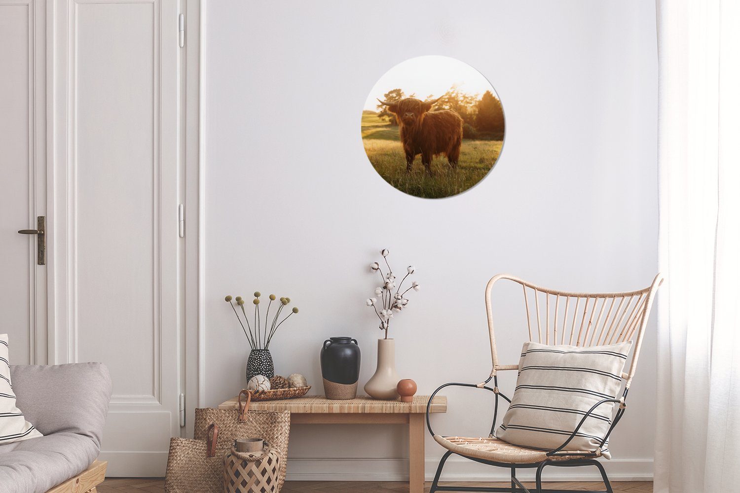 Wandbild, Rundes Forex, Sonne, 30x30 Wanddekoration (1 St), - Hochländer Gras Schottischer Gemälde - MuchoWow cm Wohnzimmer, Kreis
