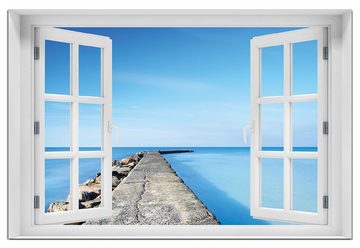 Wallario Wandfolie, Pier am blauen Ozean mit blauem Himmel, mit Fenster-Illusion, wasserresistent, geeignet für Bad und Dusche