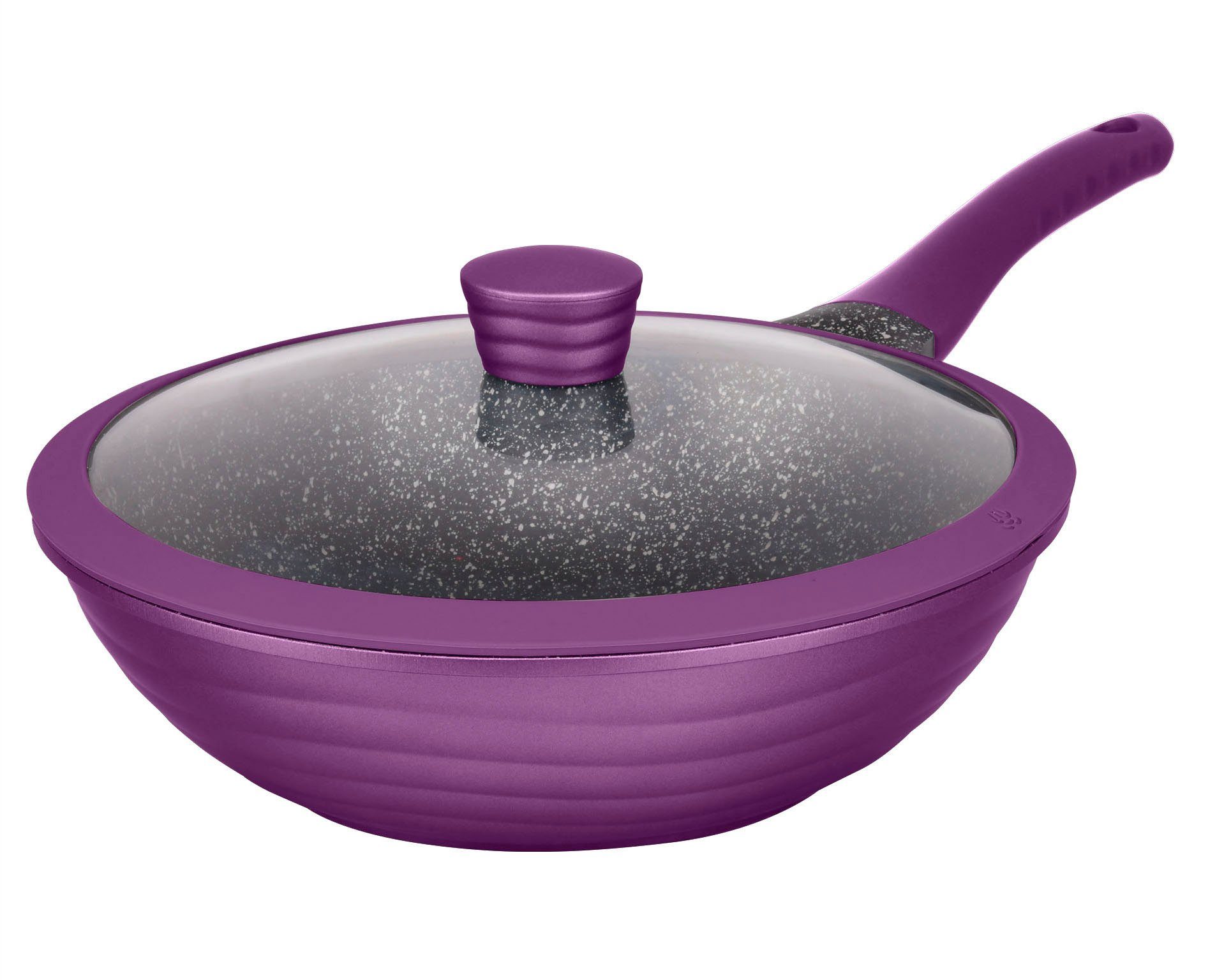 KING Wok NEW~WAVE, Aluminiumguss, Induktion, Antihaftbeschichtung, Glasdeckel mit Silikonrand, 28 cm Aubergine | Woks