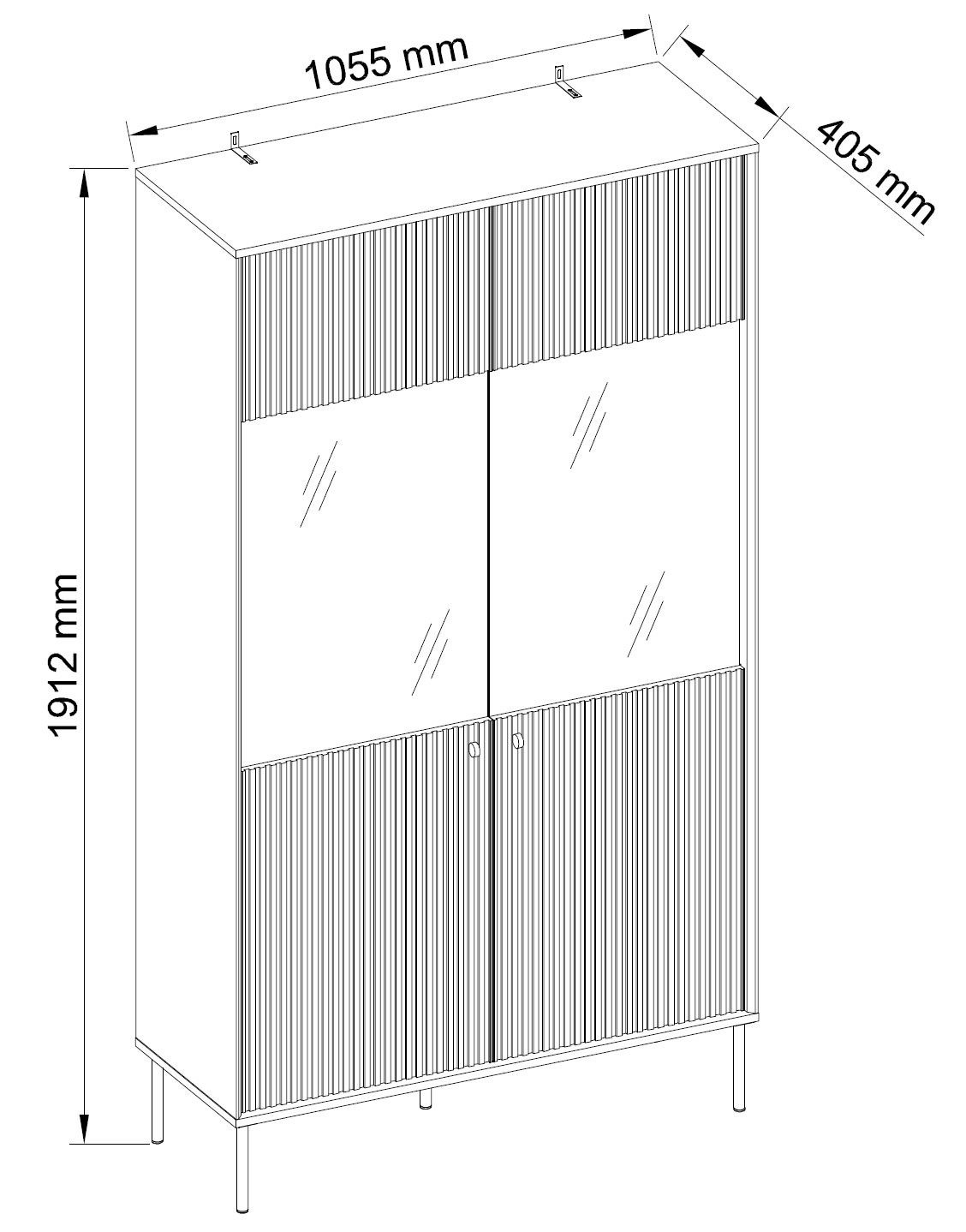 Feldmann-Wohnen Glasvitrine Iris (2-türig (mit Glaseinsatz), 4 Ablageböden, 2 Einlegeböden, 2 Glasböden, 1-St., moderne Optik, gerillte Fronten, Soft-Close, Griffe & Füße aus Metall) 105,5x40,5 cmx191,2cm grau; attraktive 3D-Optik