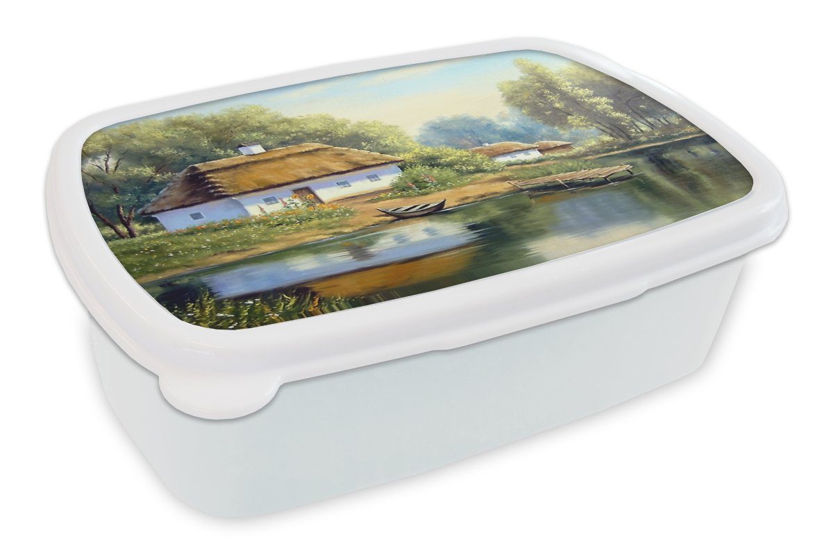 MuchoWow Lunchbox Malerei - Haus - Natur - Wasser - Ölfarbe, Kunststoff, (2-tlg), Brotbox für Kinder und Erwachsene, Brotdose, für Jungs und Mädchen weiß
