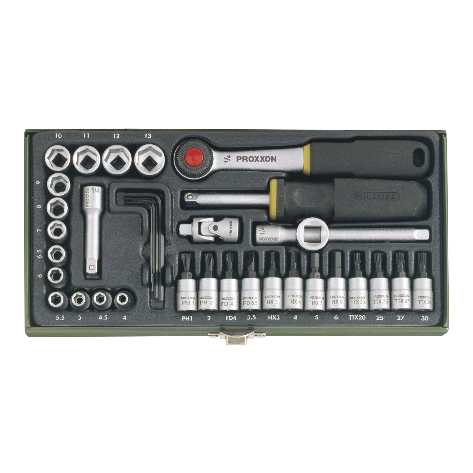 PROXXON INDUSTRIAL Bit- und Steckschlüsselset Proxxon Feinmechaniker-Steckschlüsselsatz 23080 mit 1/4"-Ratsche, 36-t