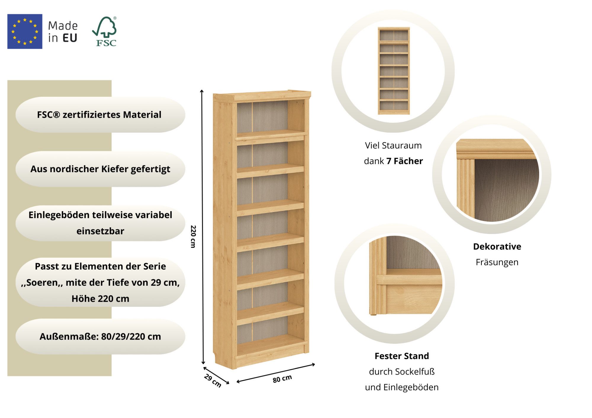 OTTO home Bücherregal Soeren Regal B/T/H: 80/29/220 cm, 7 offene Fächer, massive Kiefer, FSC®-zertifiziert