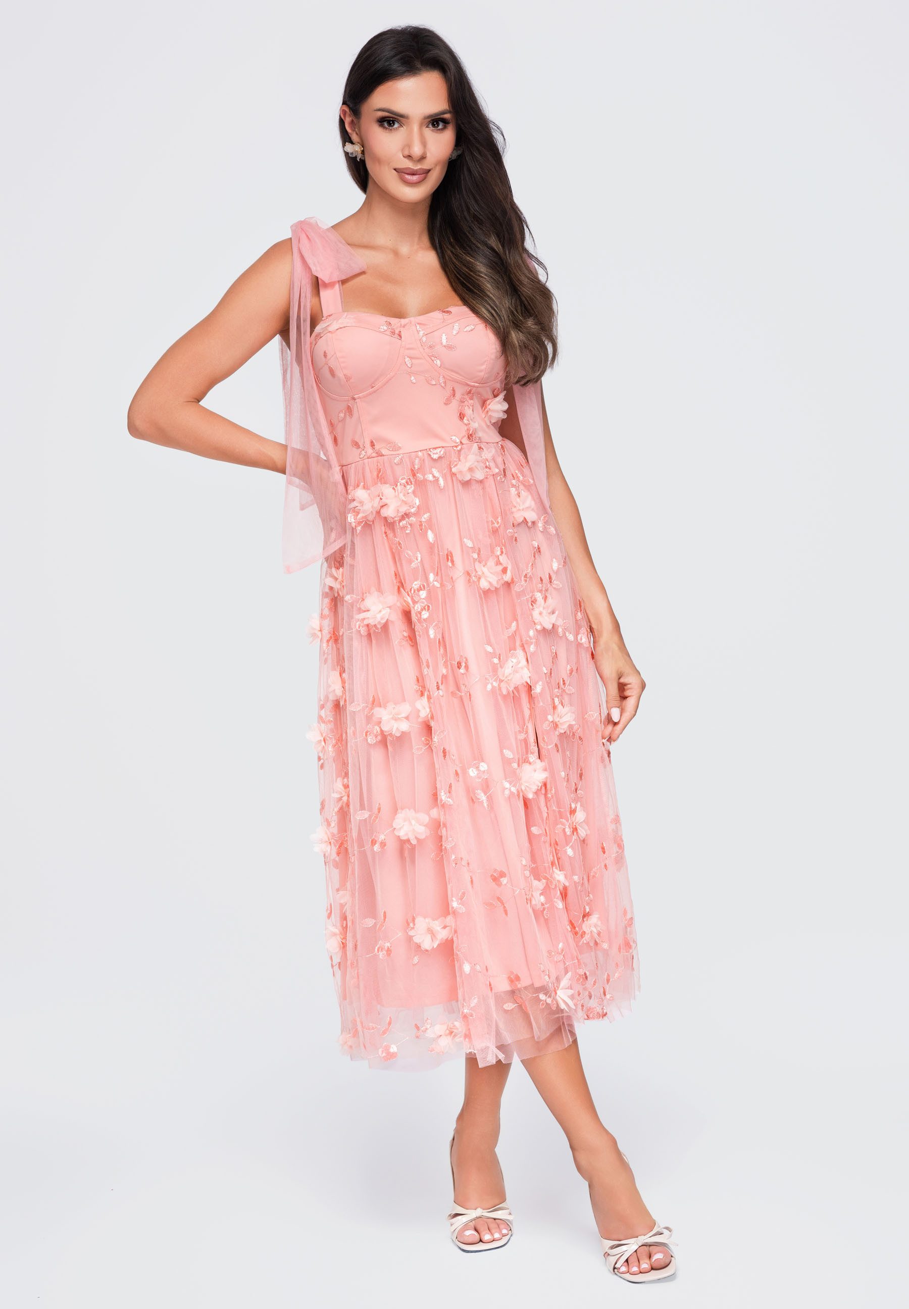 OMBRE Midikleid Damen Midi-Kleid mit floralem Design elegant Pink L (kein Set, 1-tlg) padded bust