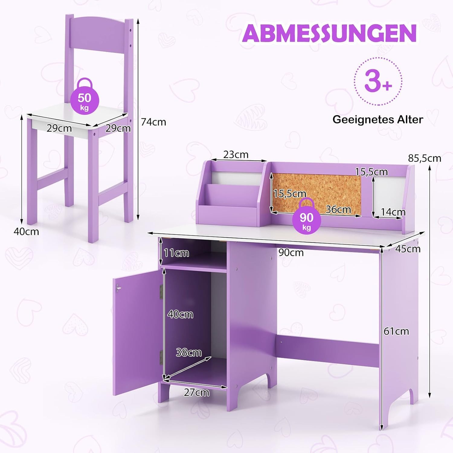 KOMFOTTEU Kinderschreibtisch mit Stuhl (Set), mit Regal & Offener Ablage, 74×29×29cm