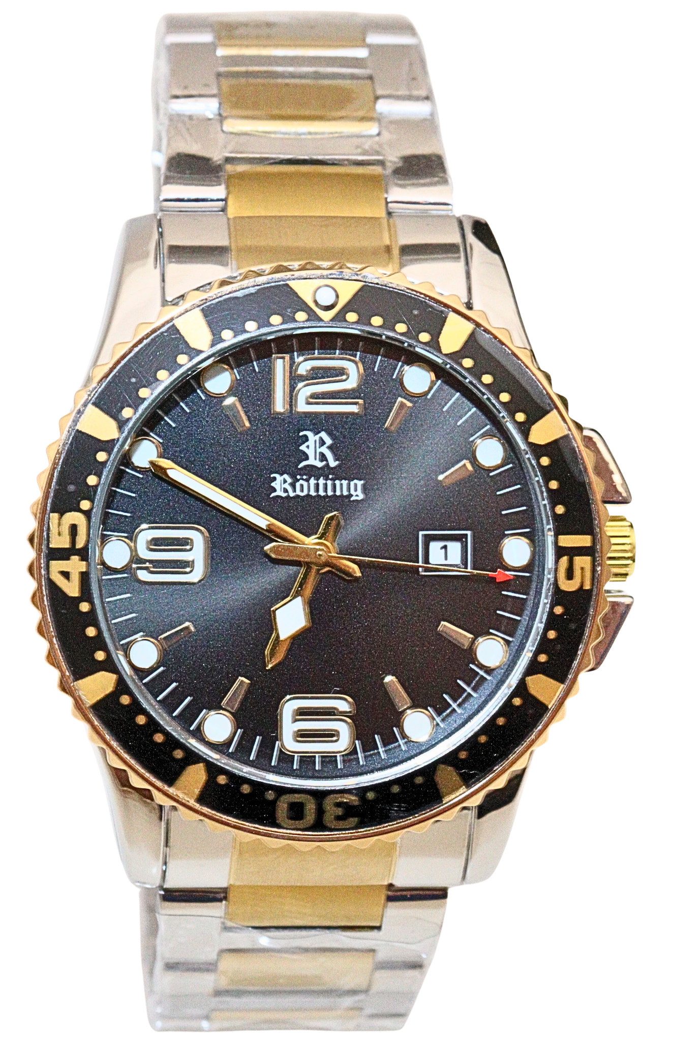 Rötting Design Quarzuhr Herrenuhr Datumsanzeige schwarz goldfarbene Lünette günstig online kaufen