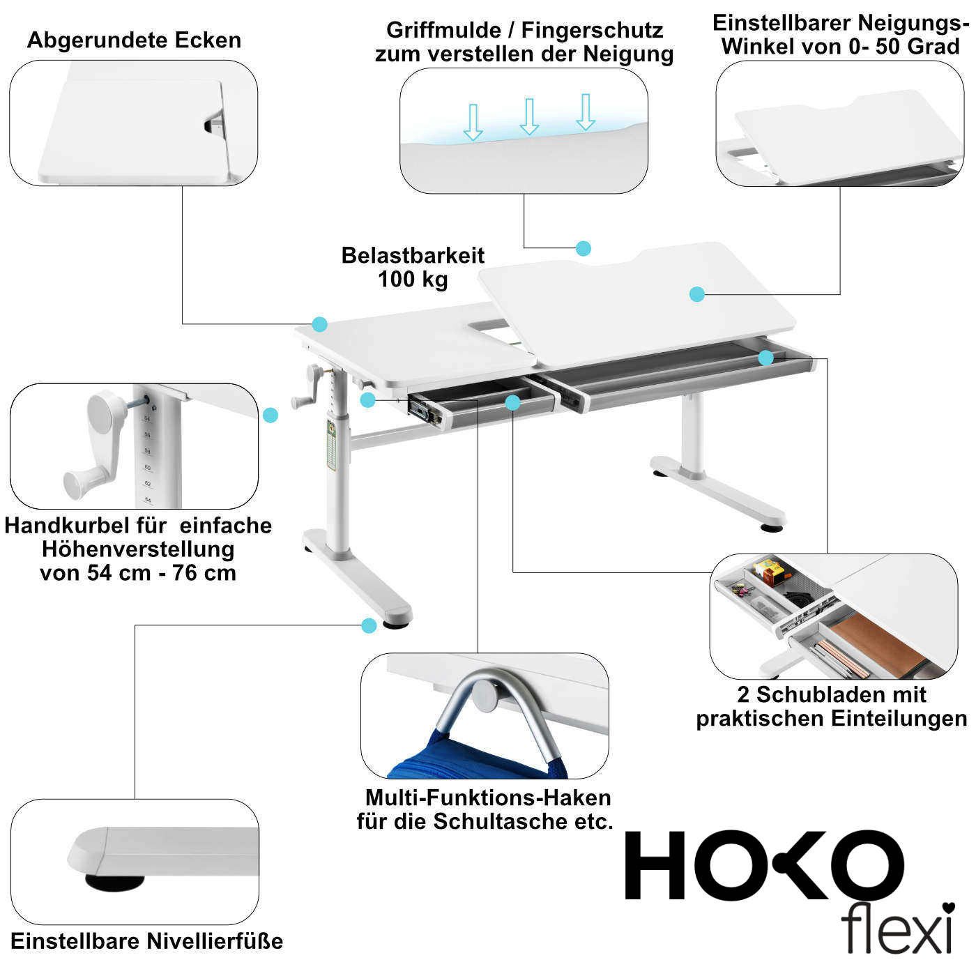 HOKO Kinderschreibtisch höhenverstellbar 54-76 cm, ergonomischer Schreibtis günstig online kaufen