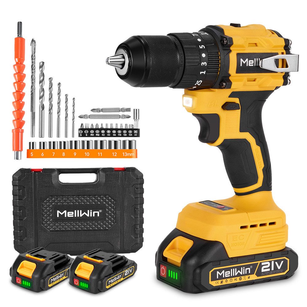 MELLWIN Akku-Bohrschrauber Set 80Nm mit 2 Akkus & 30 Zubehör, 13mm Bohrfutter, 21 V, max. 1500 U/min, (1-tlg), 25+3 Drehmomentstufen, für DIY & Reparatur
