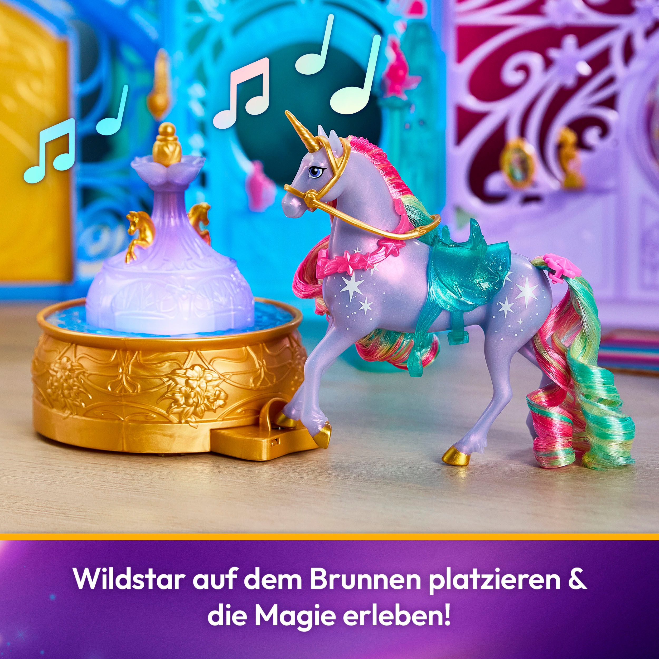 Spin Master Anziehpuppe Unicorn Academy - Stall Starglow Fountain & Stable, mit Licht und Sound