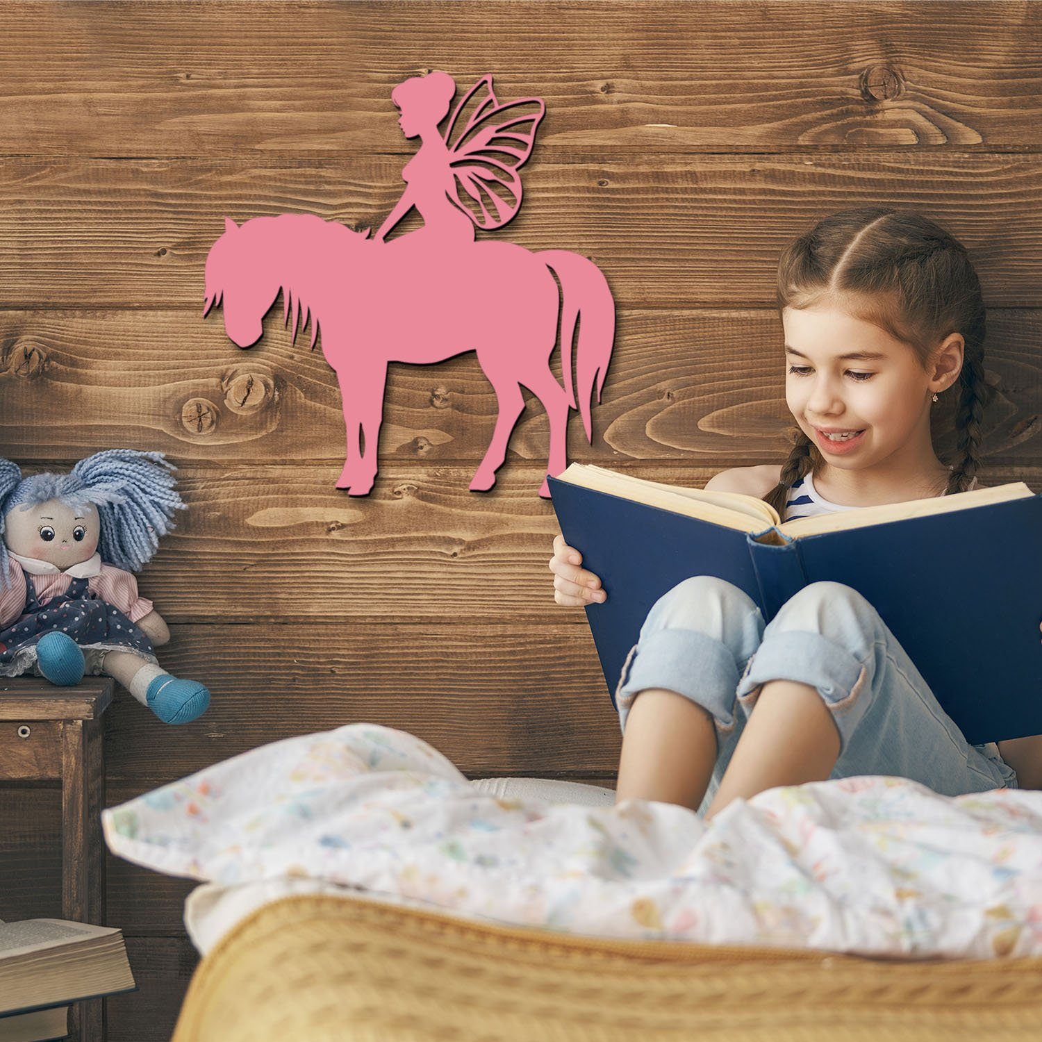 Namofactur LED Nachtlicht Fee auf Pferd Nachtlicht, Elfe Holz Wandlampe Kinder I Kinderzimmer, Mit Zugschalter, LED fest integriert, Warmweiß