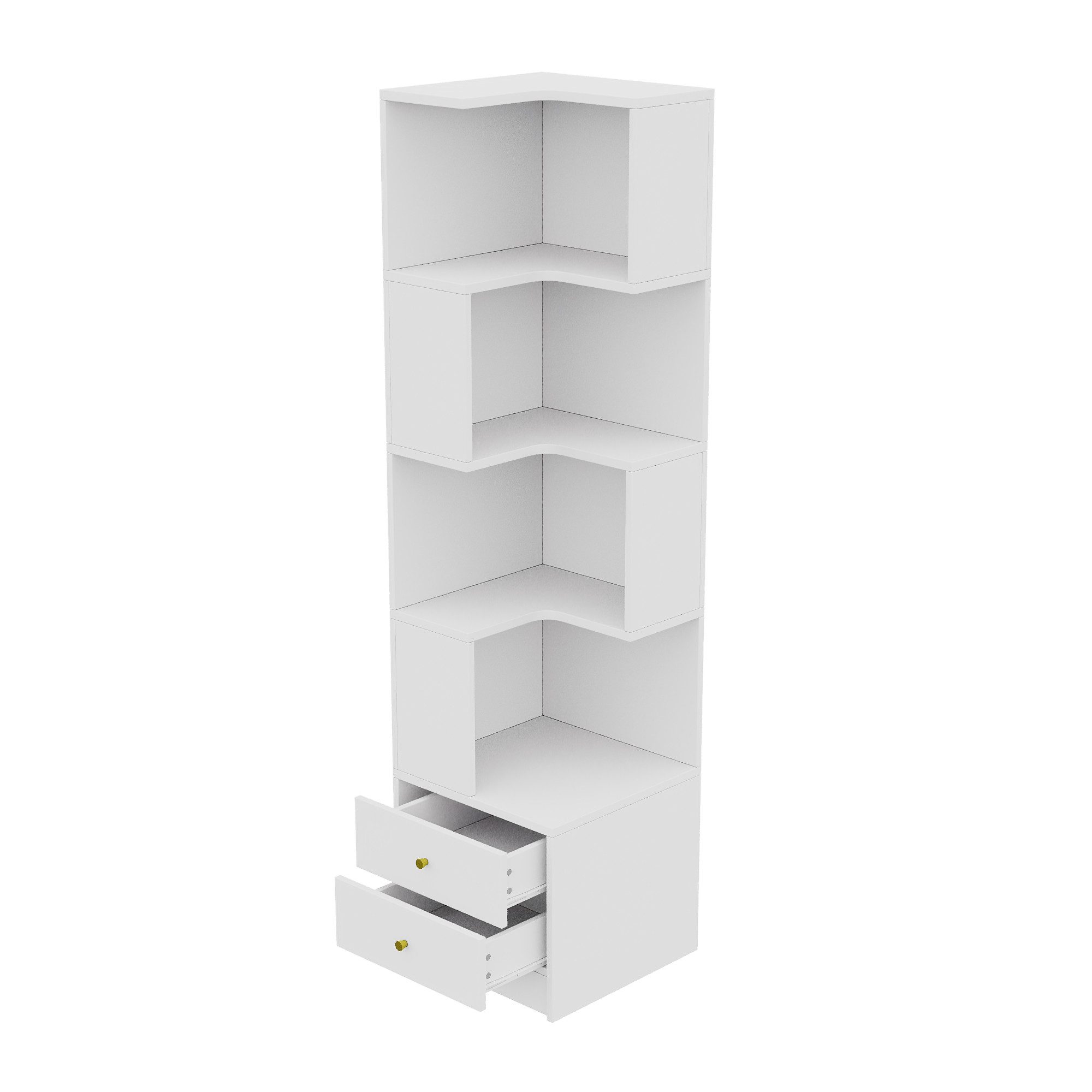 Flieks Bücherregal Standregal Eckregal mit LED-Beleuchtung und 6 Ebenen/5 Ebenen, B63,5/T45/H180 cm 1-tlg., Eckbücherregal mit 4 Fächer & 2 Schubladen L-förmig Hochschrank Weiß